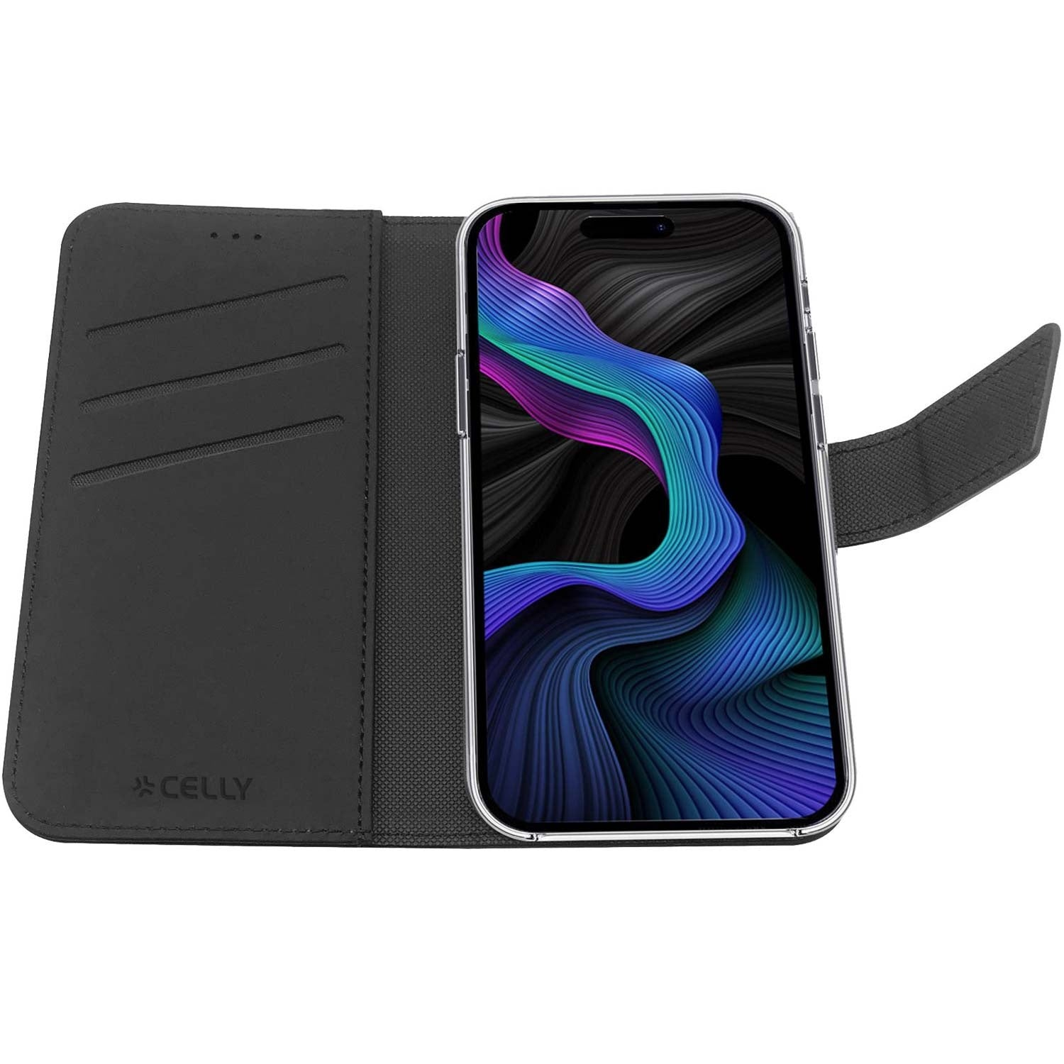 Una custodia a libro nera con uno smartphone che mostra uno sfondo colorato.