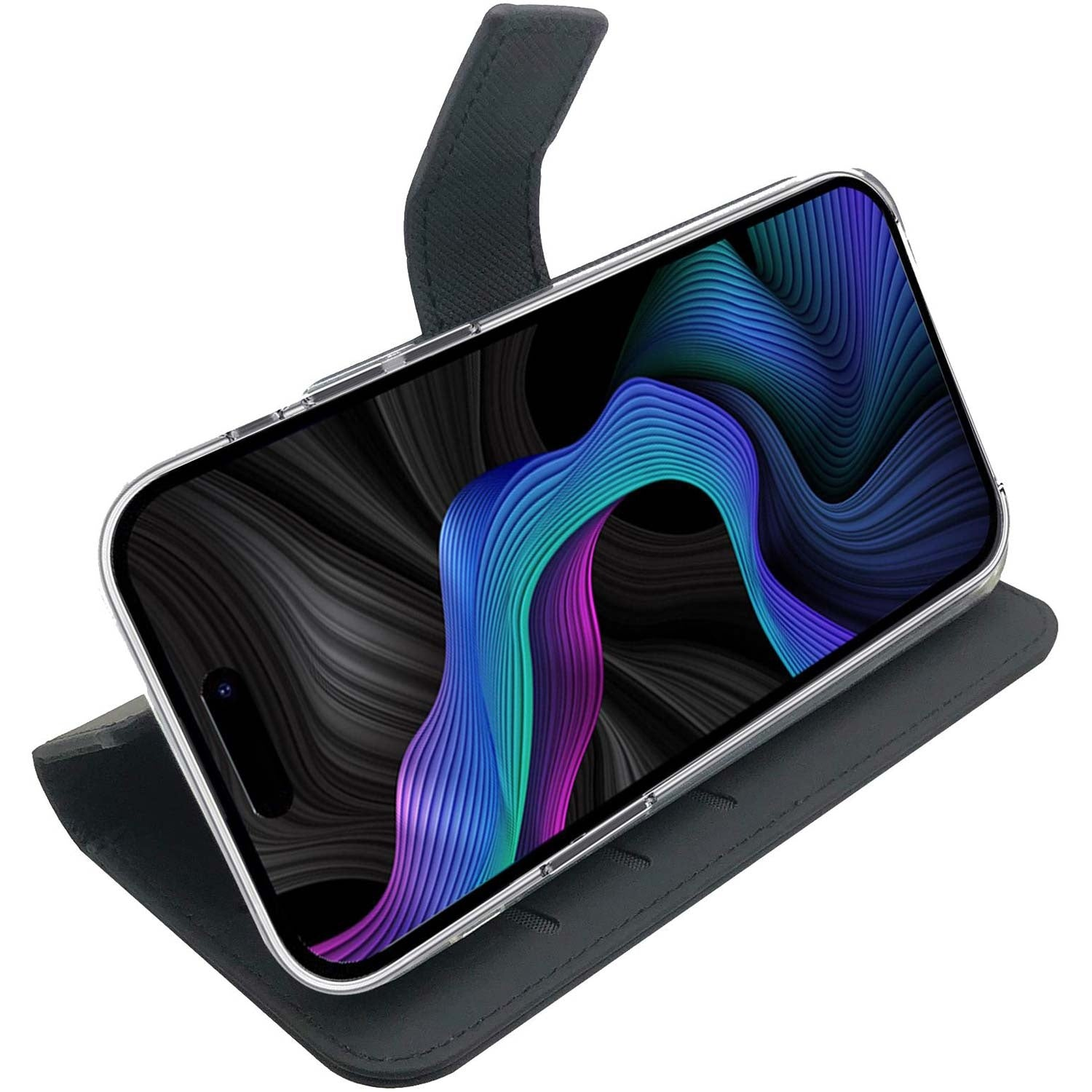Uno smartphone in una custodia nera con uno sfondo astratto e colorato.