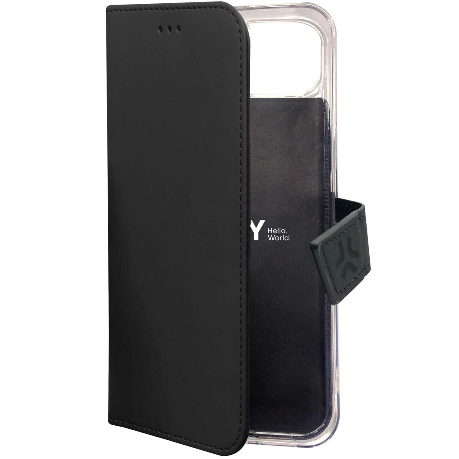 Custodia nera a flip per telefono con cornice trasparente e logo.
