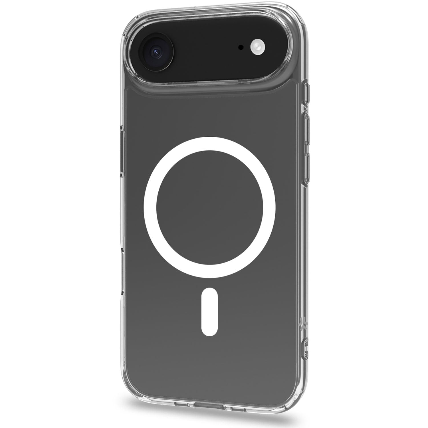 Custodia trasparente con motivo a cerchio e trattino bianchi per iPhone.