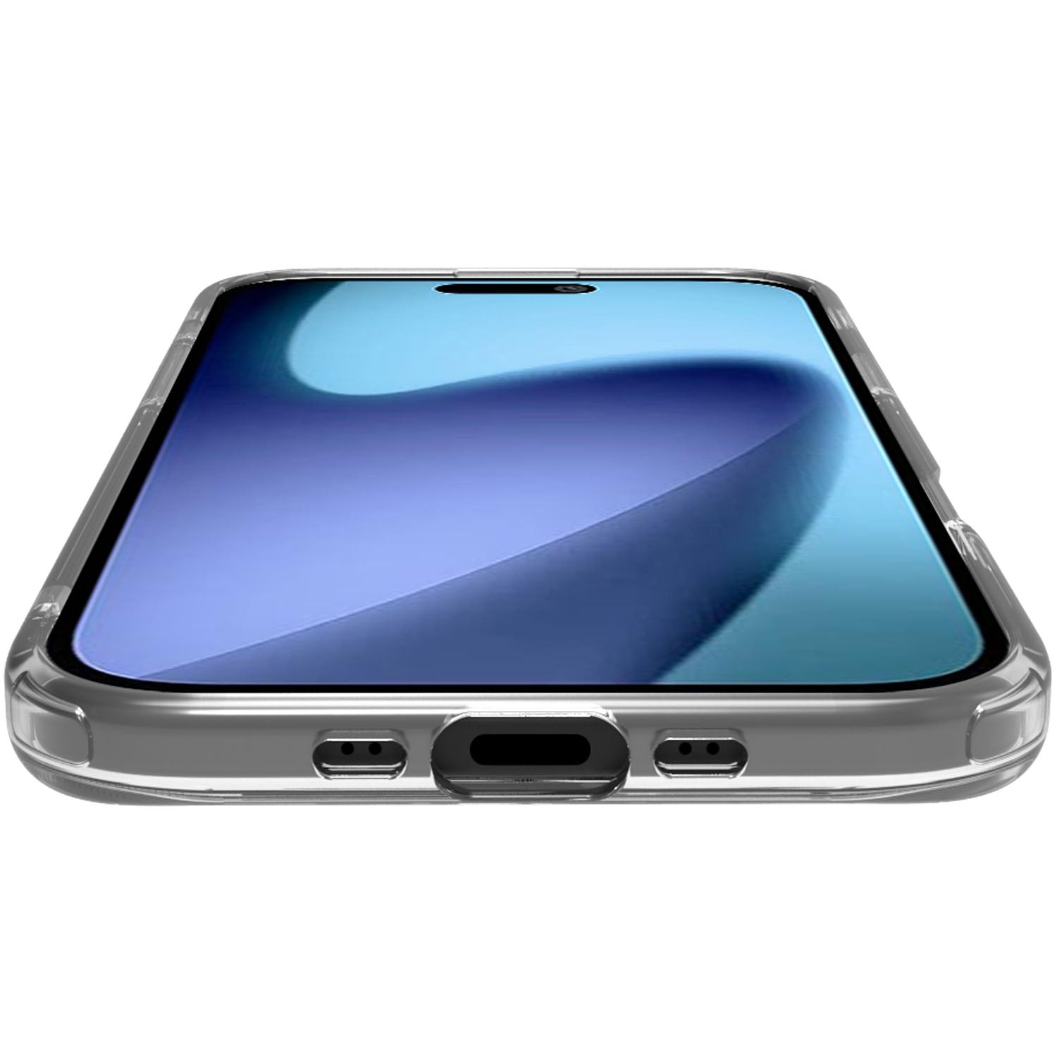 Custodia trasparente per telefono con smartphone che mostra schermo blu.