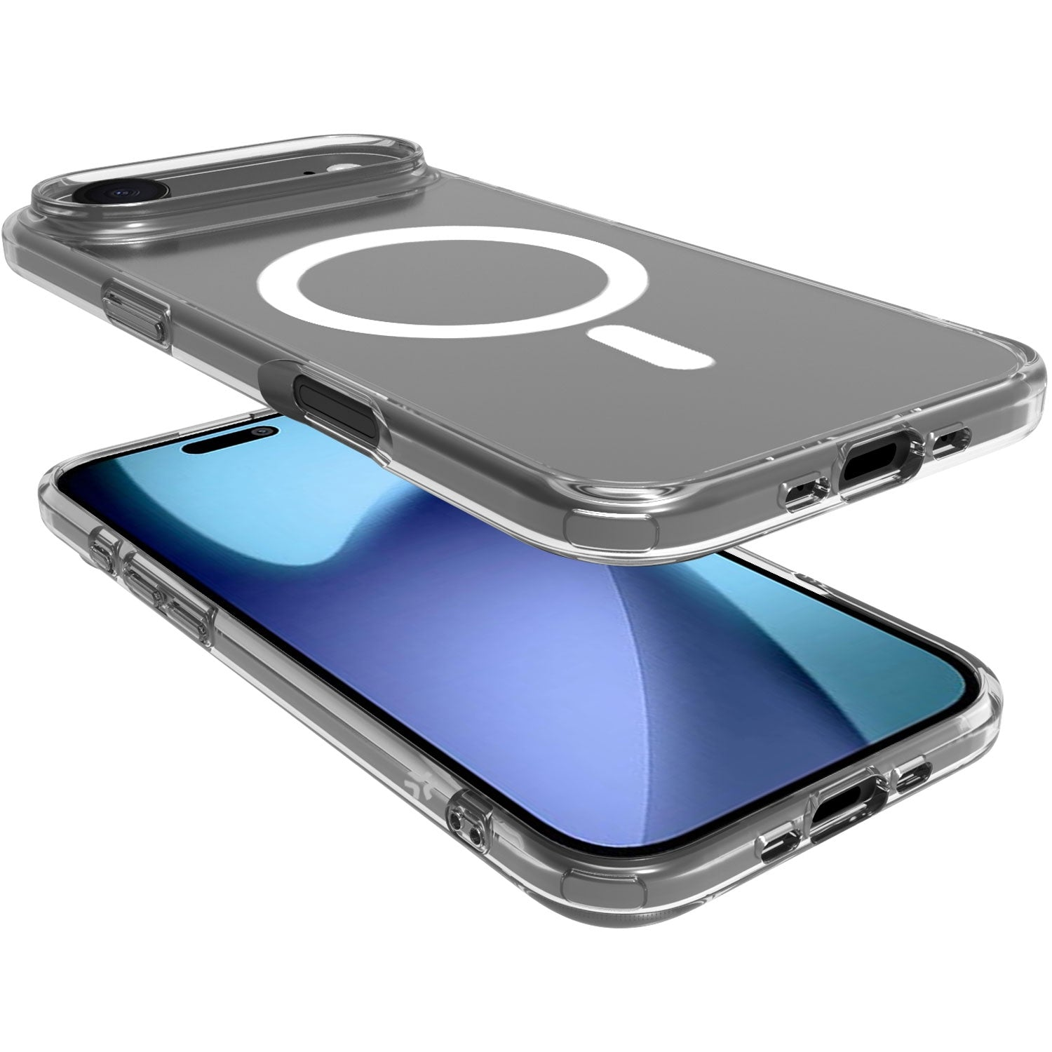 Custodia trasparente con cerchio bianco su uno smartphone.