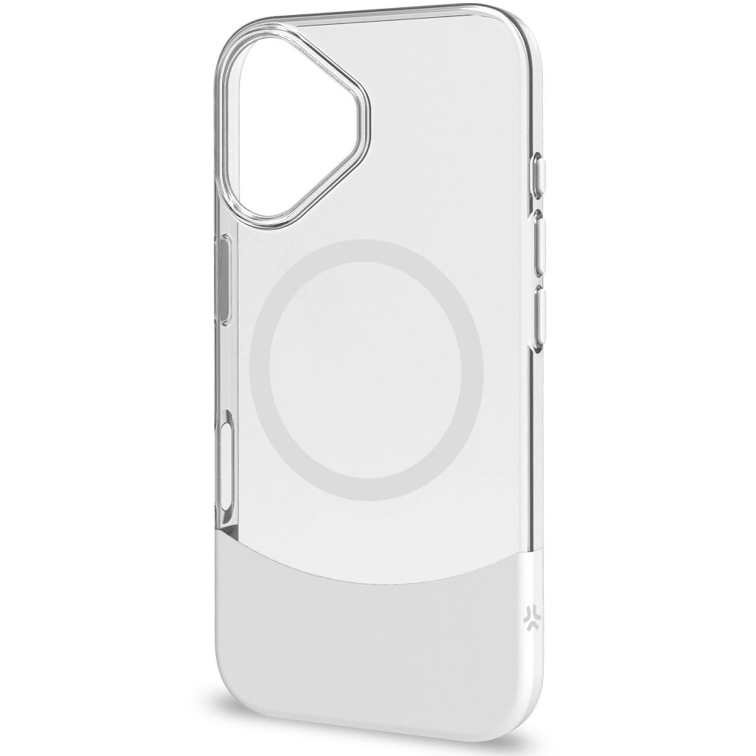 Custodia trasparente per telefono con anello magnetico e base bianchi.