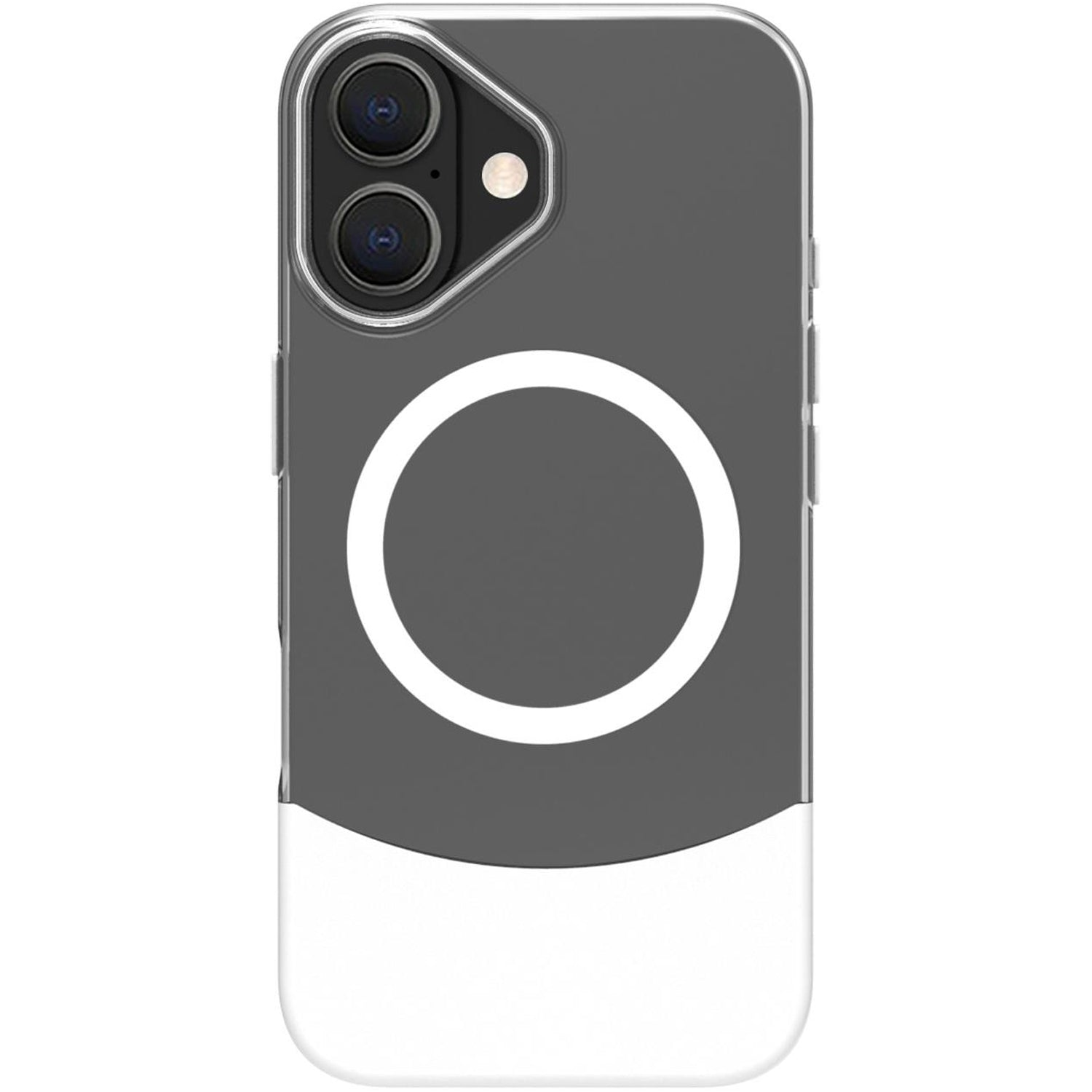 Custodia grigia per telefono con cerchio bianco e due fotocamere.