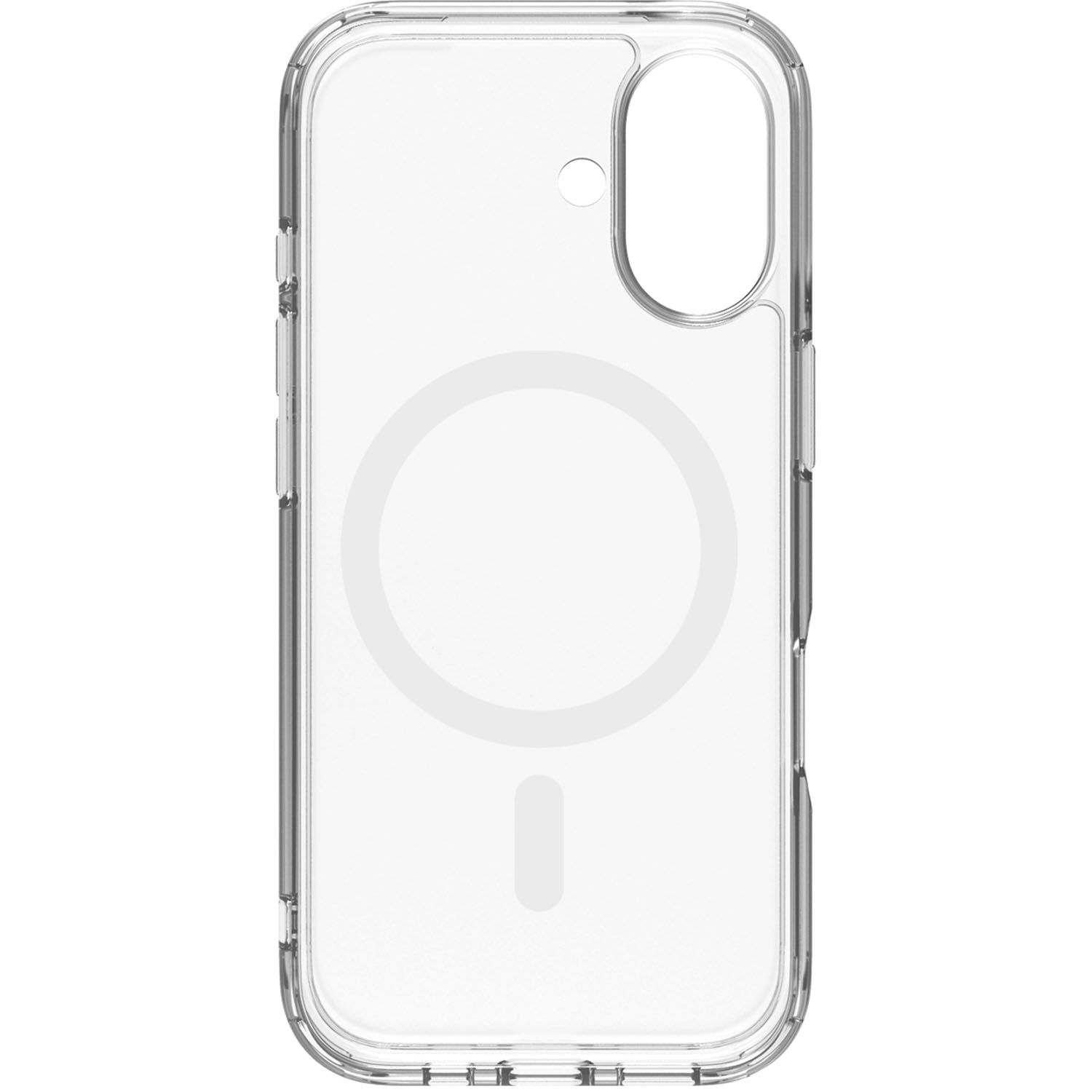 Funda de teléfono transparente con anillo magnético circular y recorte de cámara.