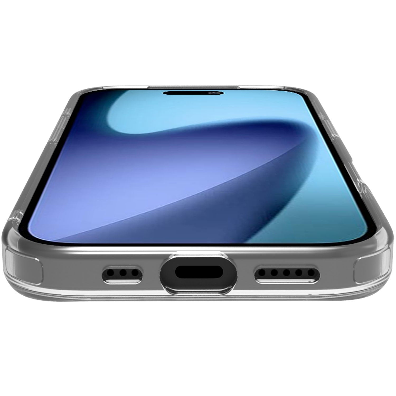 Una funda de teléfono transparente con una pantalla azul, sobre fondo blanco.