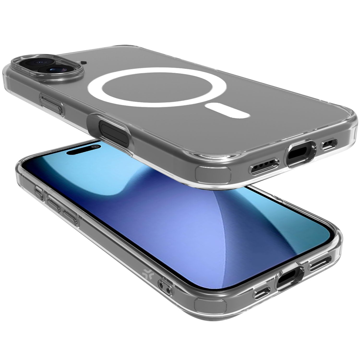 Funda transparente para teléfono con patrón de círculo y guion blancos.