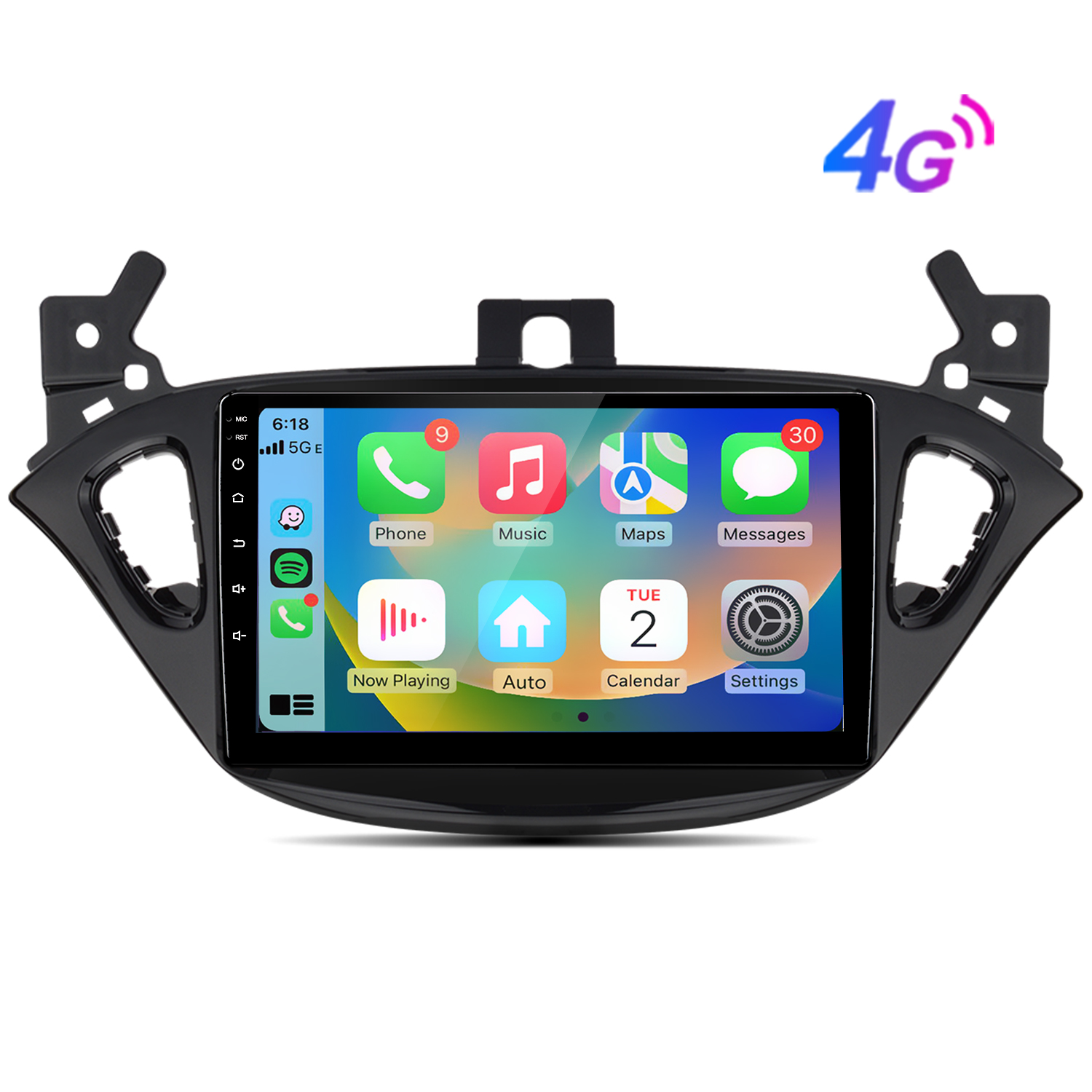 Ein schwarzer Touchscreen-Infotainment-Bildschirm mit App-Symbolen.