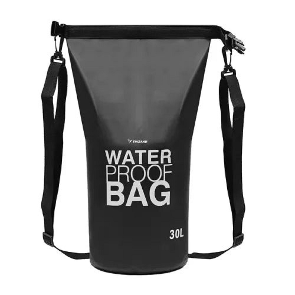 Bolsa impermeable negra con texto "WATER PROOF BAG" y "30L".