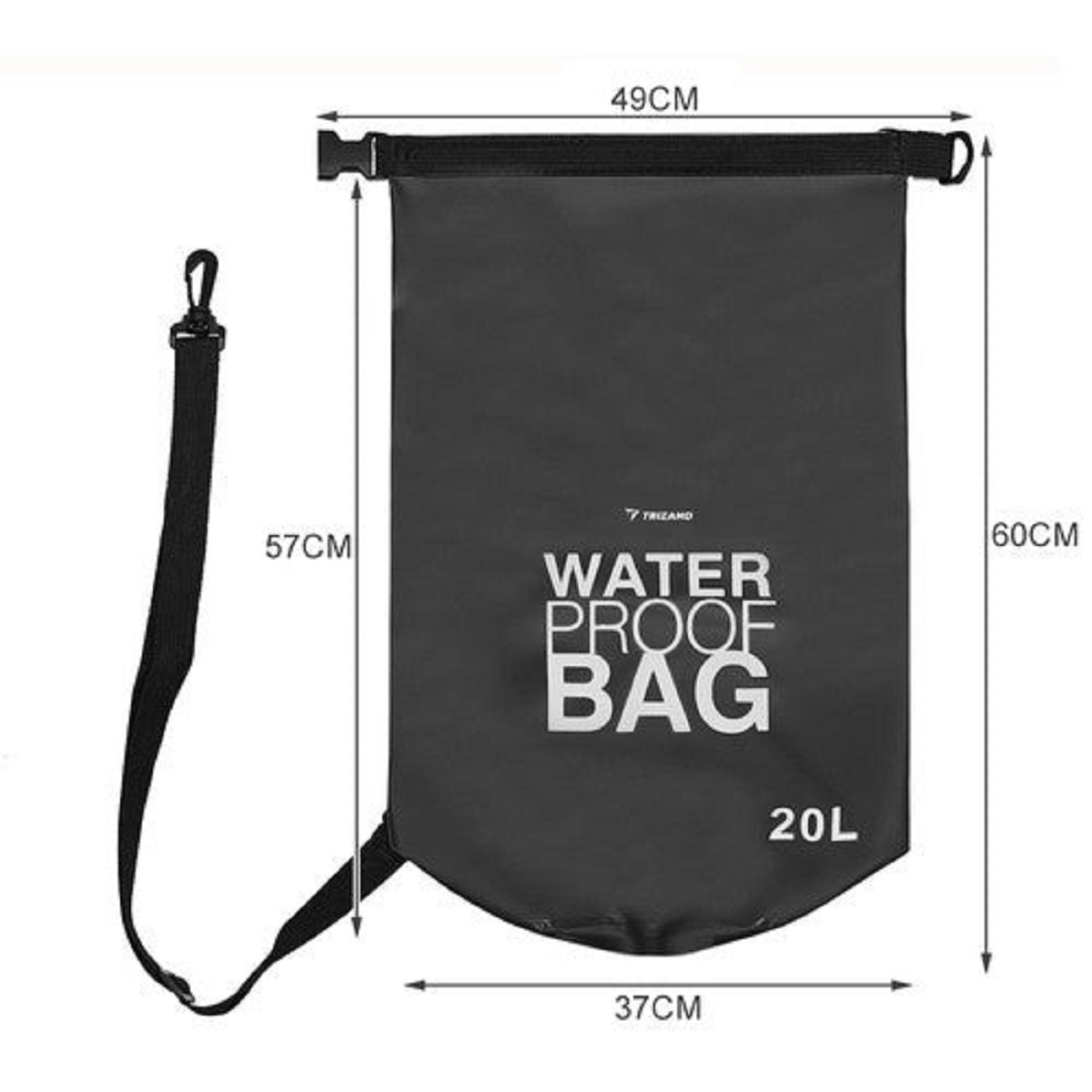 Bolsa impermeable negra con correa, dimensiones 49x60cm, capacidad 20L.