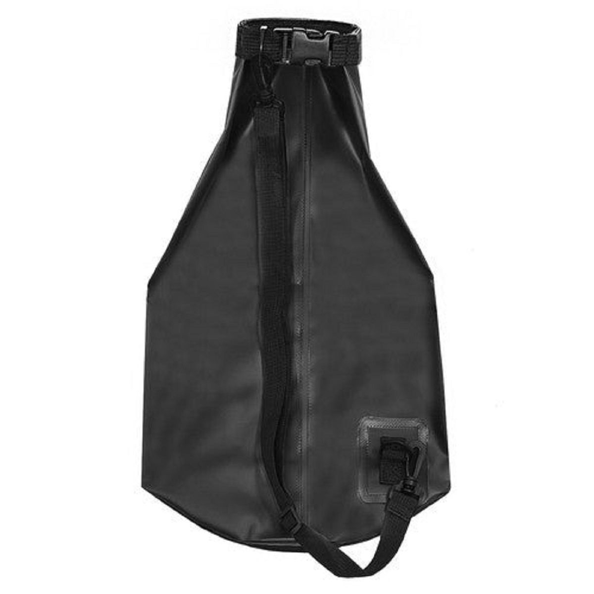 Bolsa impermeable negra con cierre de hebilla y correa.