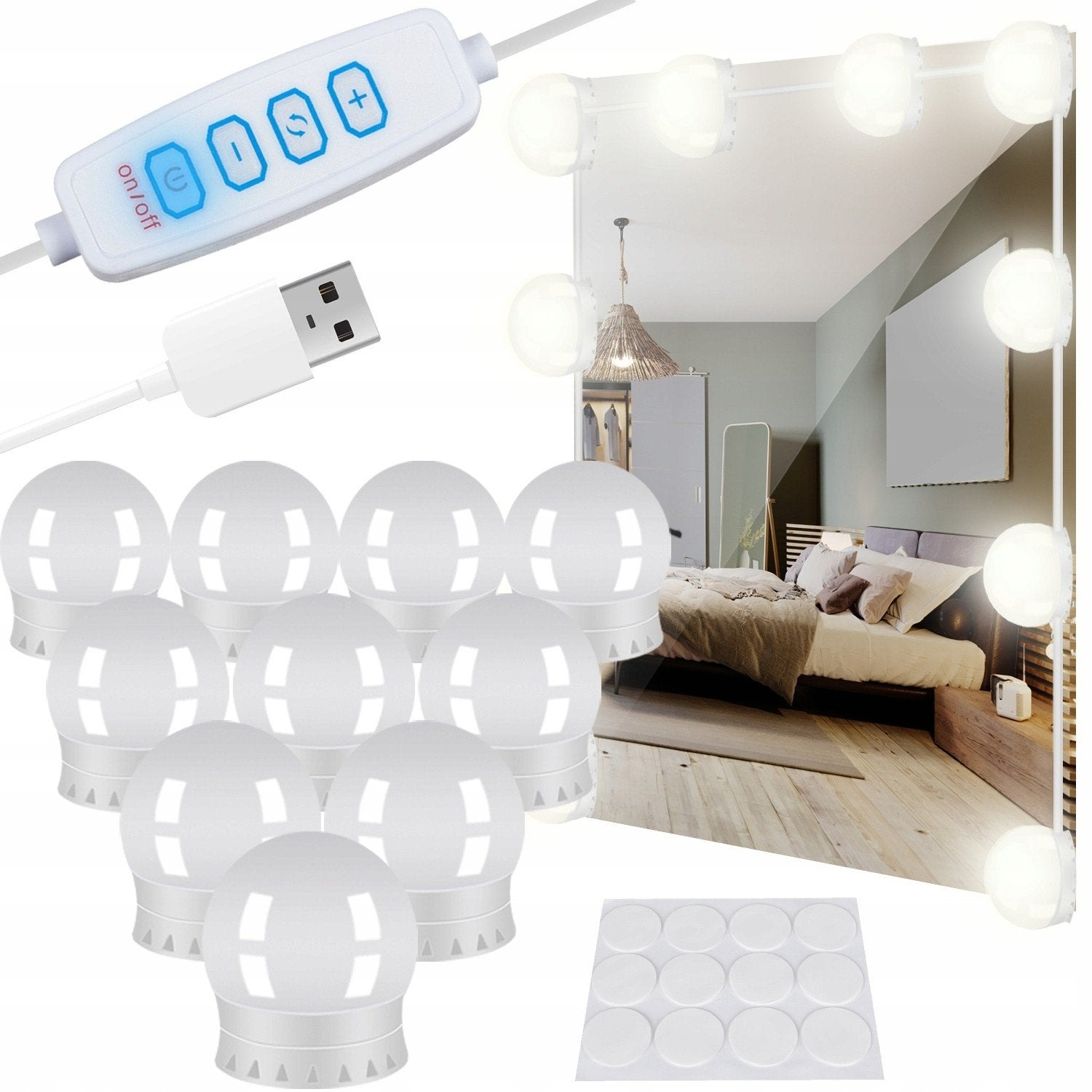 Luces LED para espejo con control USB y almohadillas adhesivas, reflejadas en espejo de dormitorio.
