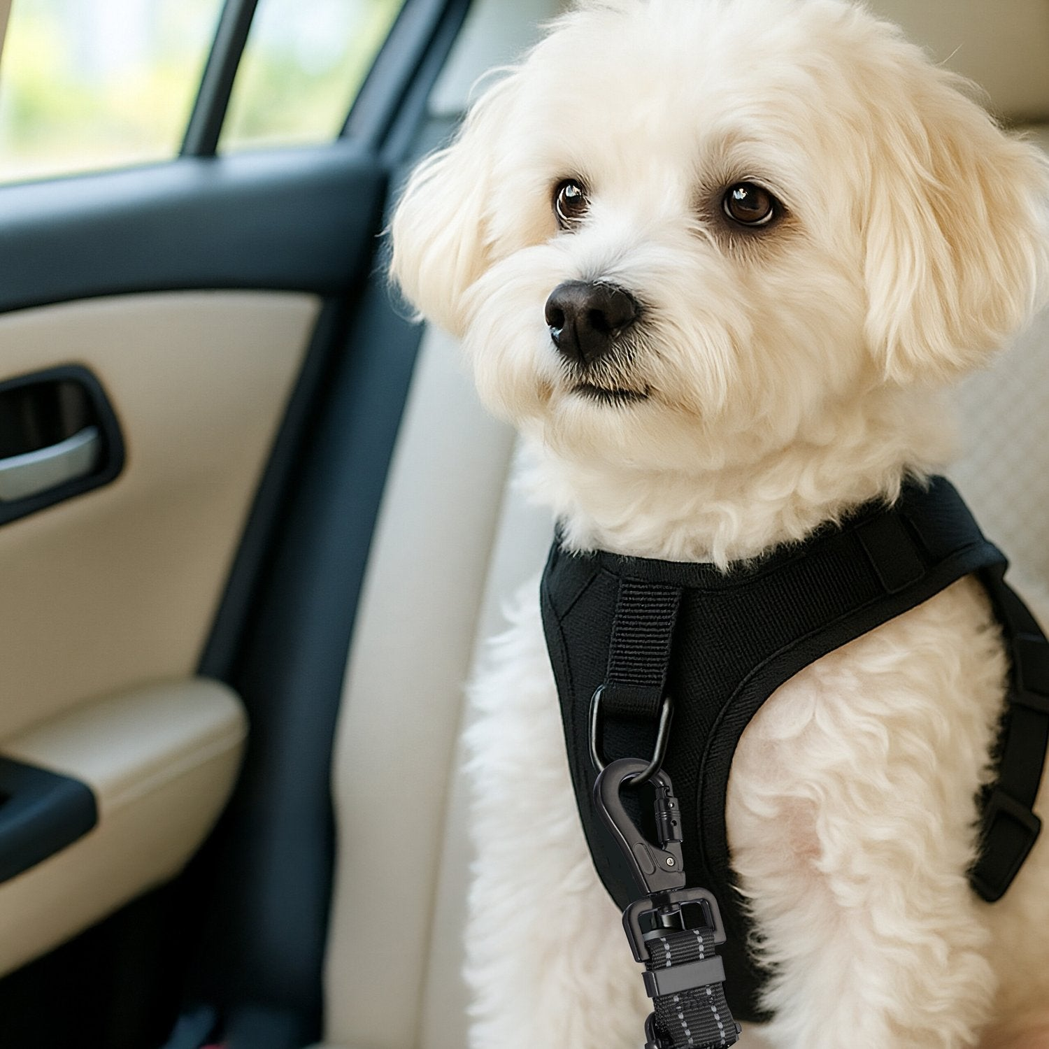 Un perro blanco y esponjoso con arnés negro se sienta en un asiento de coche.