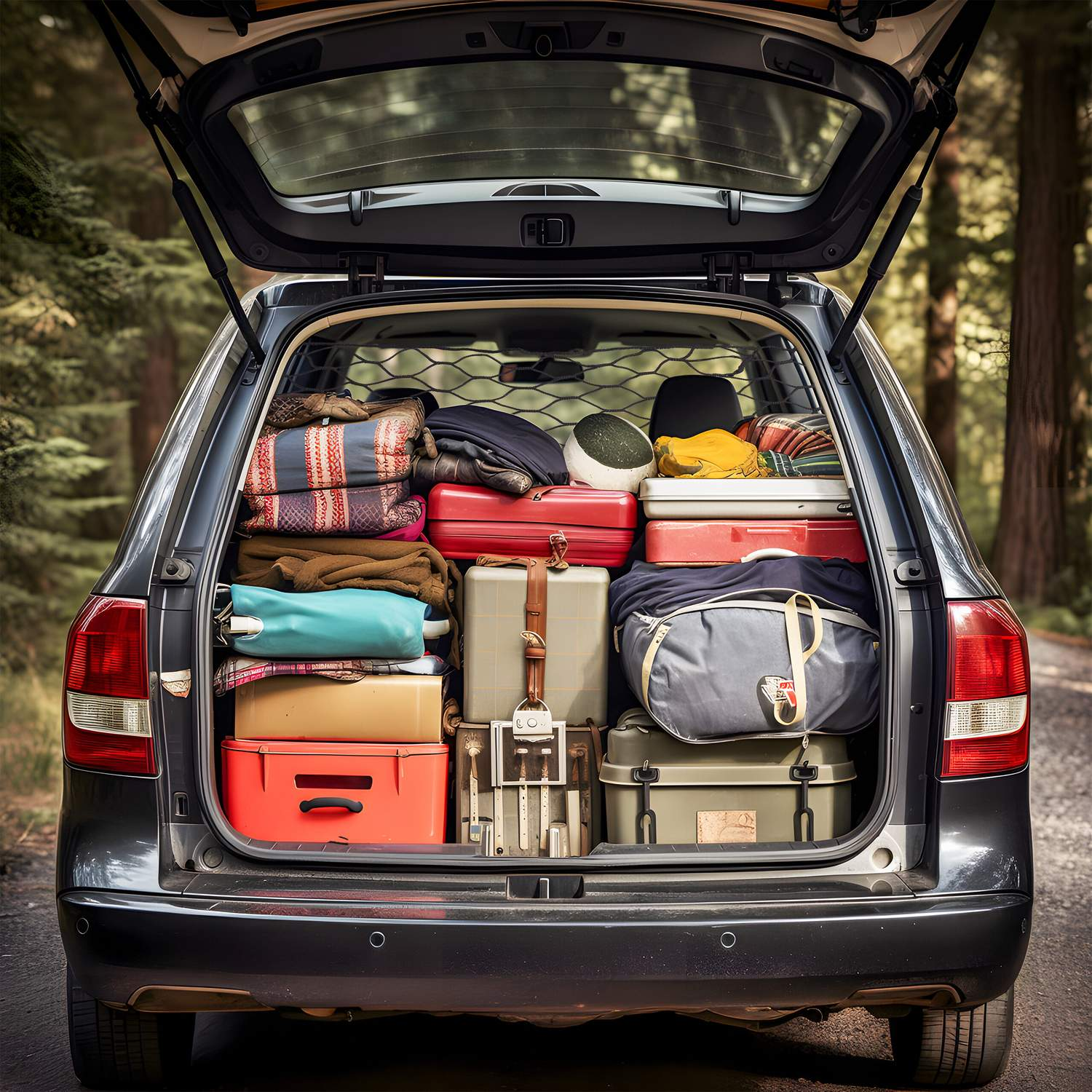 Un coche cargado de equipaje, listo para un viaje al bosque.