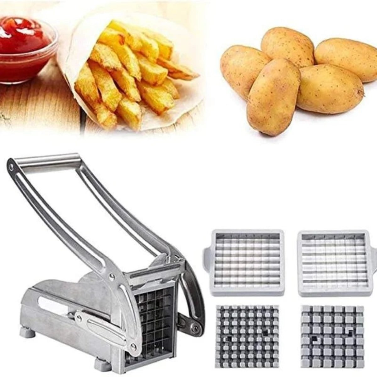 Papas fritas, papas, una cortadora de papas y accesorios.