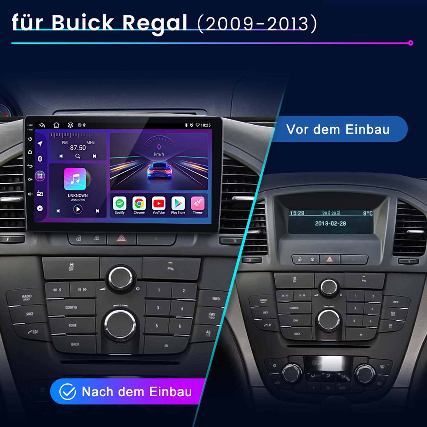 Vergleich eines Buick Regal (2009-2013) Armaturenbretts vor und nach dem Einbau.