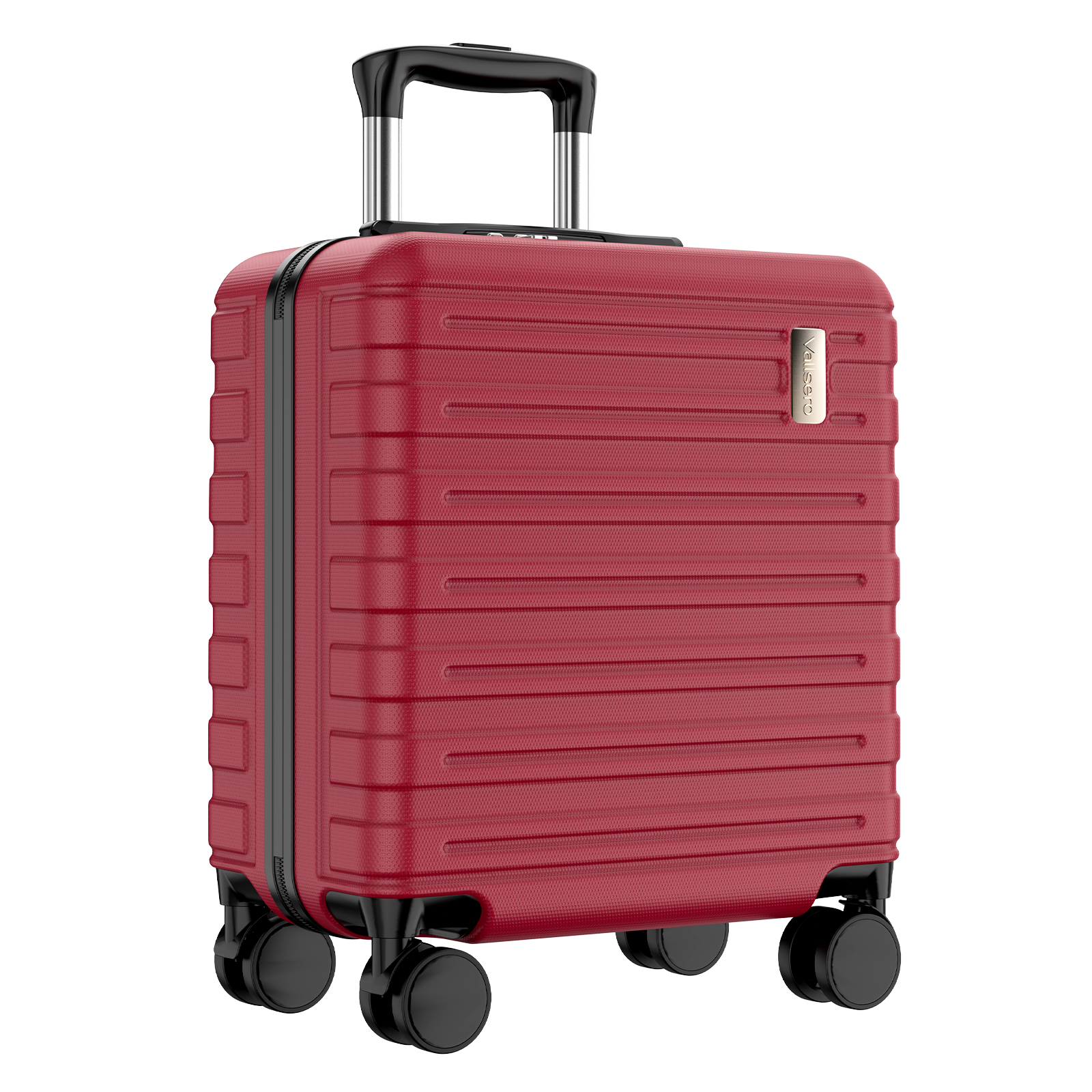 Czerwona walizka na czterech kołach, z wysuwaną rączką i srebrnym logo.