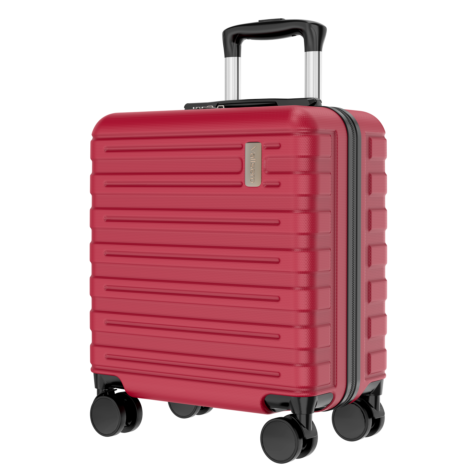 Czerwona walizka na kółkach z wysuwanym uchwytem i czterema kołami.