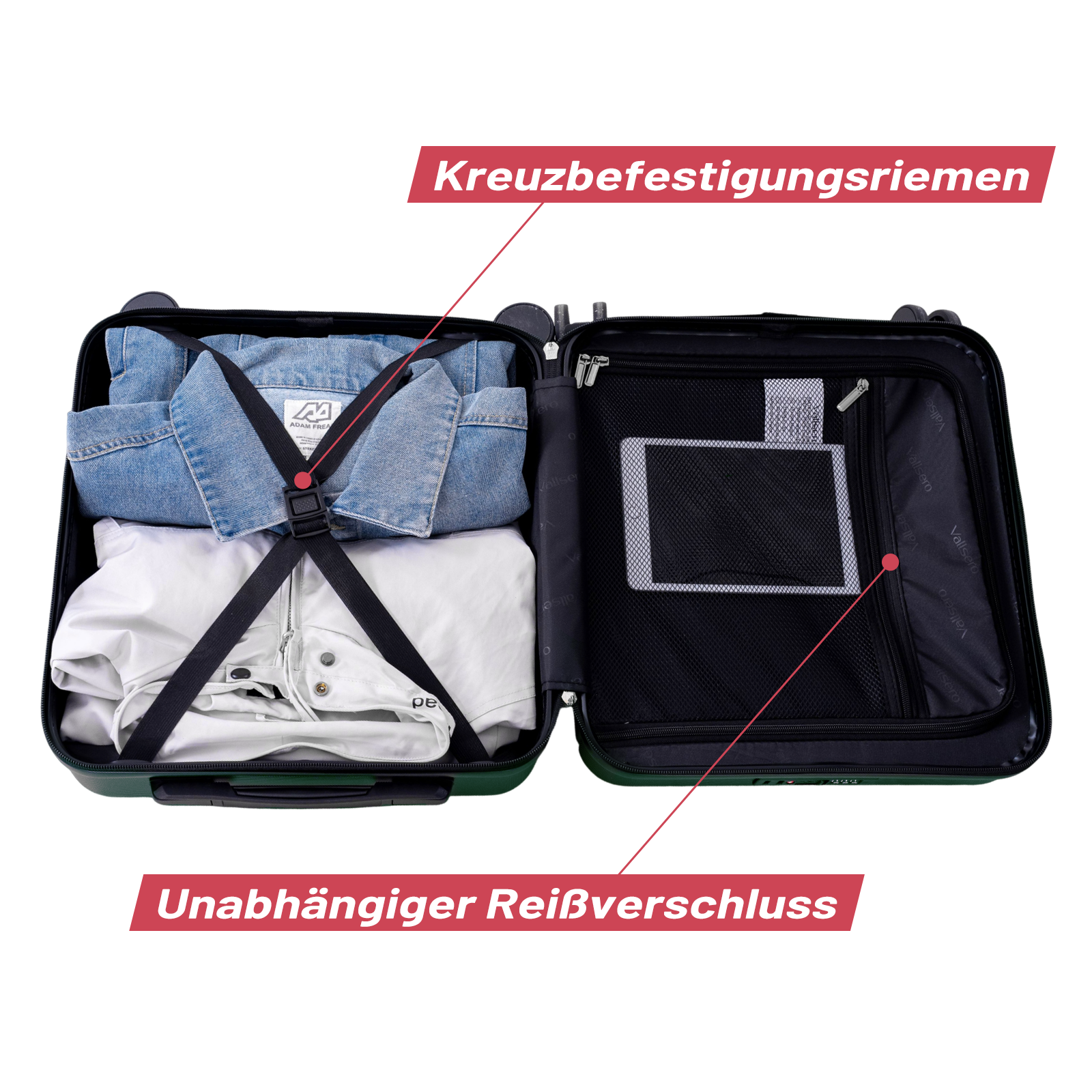 Offener Koffer mit Kleidung und einem Fach für Tablet. Kreuzgurte oben, Reißverschlussfach.