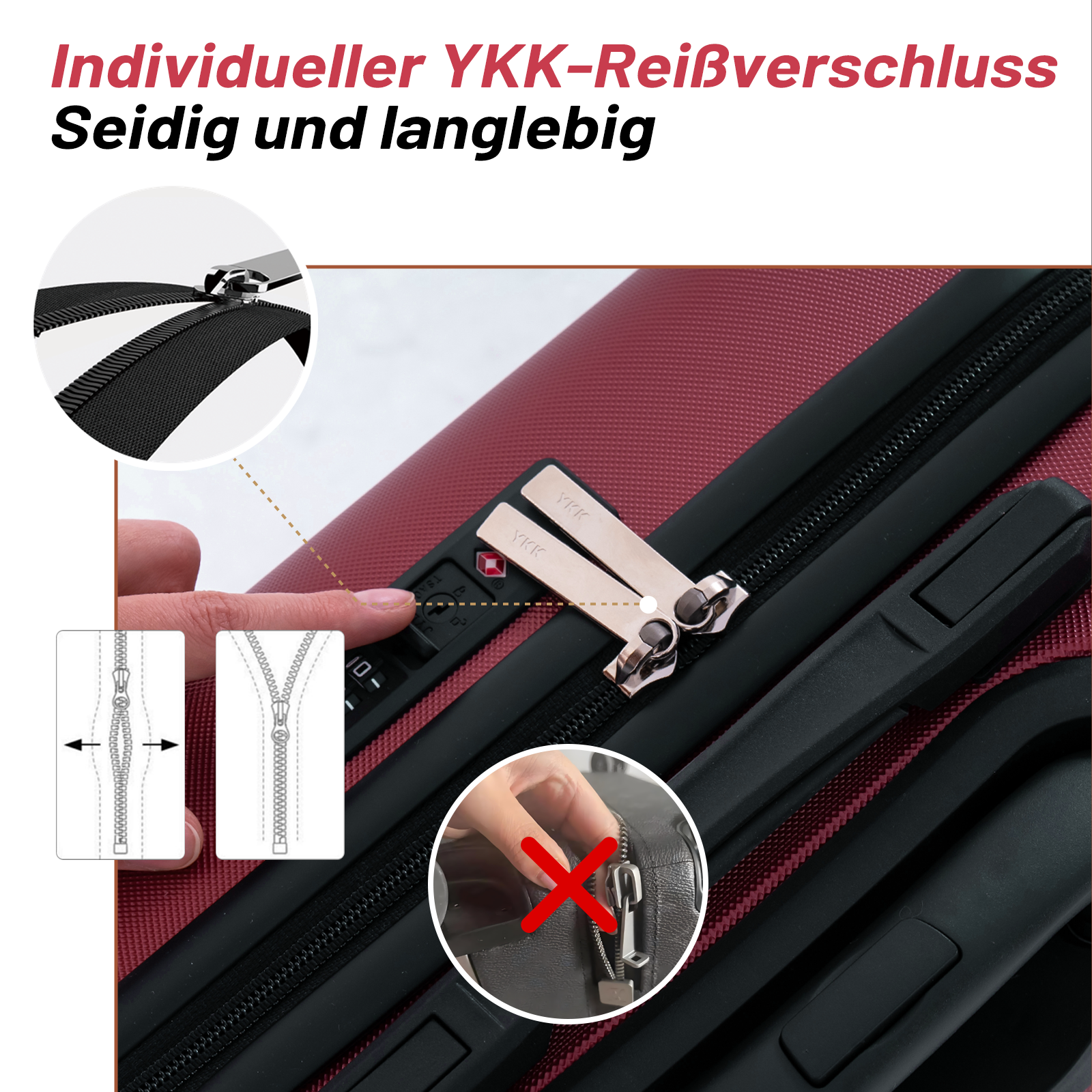 Nahaufnahme eines roten Koffers mit YKK-Reißverschlussdetails und einem Zahlenschloss.