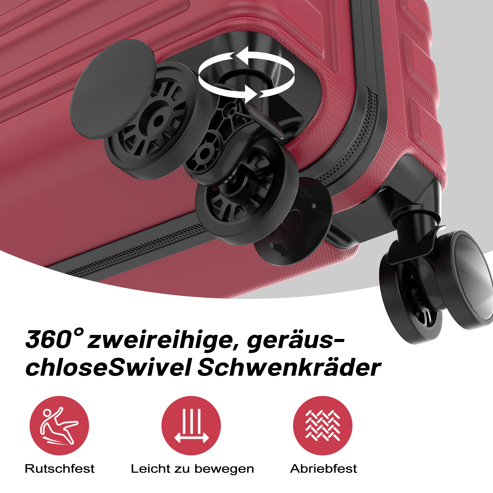 Roter Koffer mit drehbaren Rädern und Icons: Rutschfest, Leicht zu bewegen, Abriebfest.