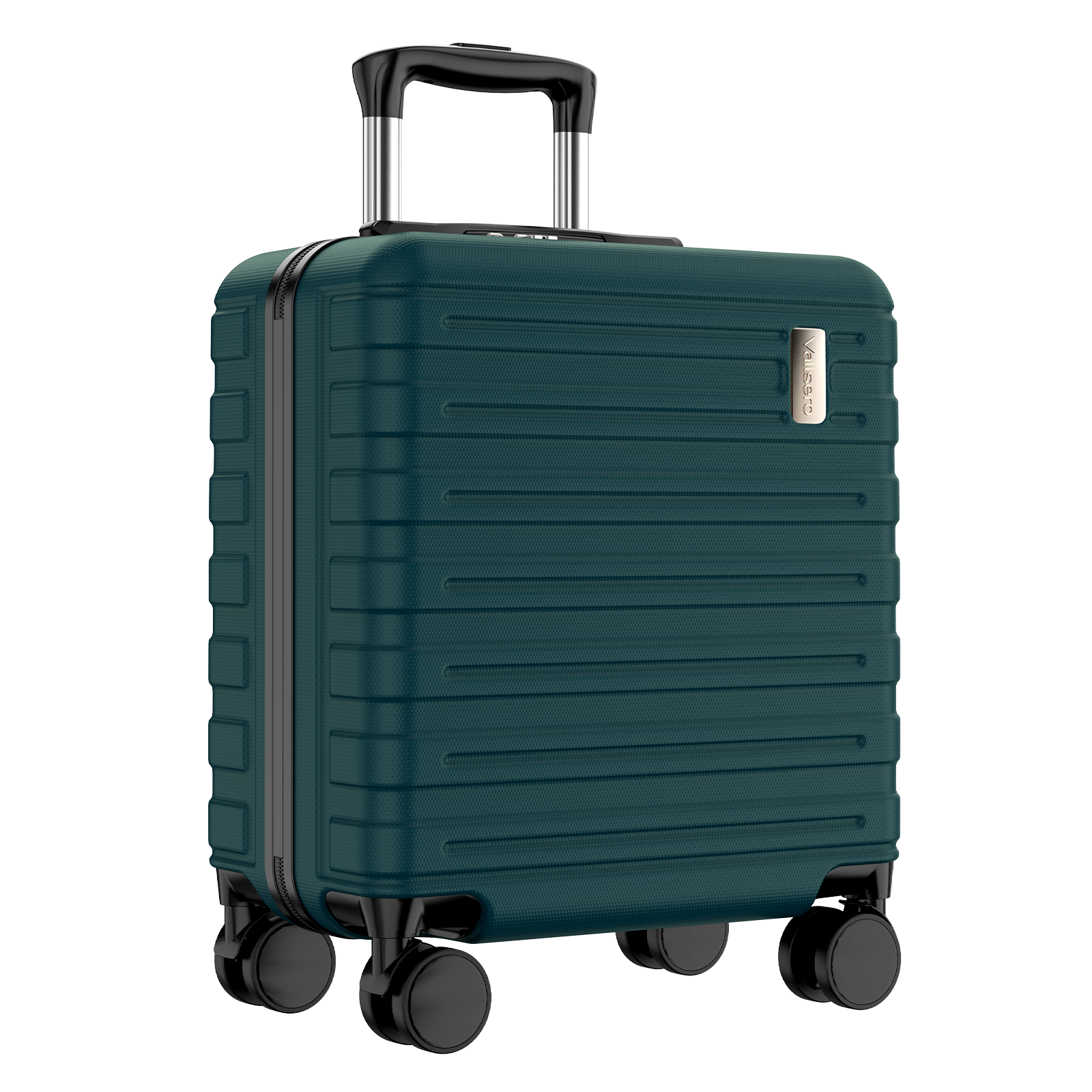Ciemnozielona walizka na kółkach ze srebrną rączką i czarnymi kołami.