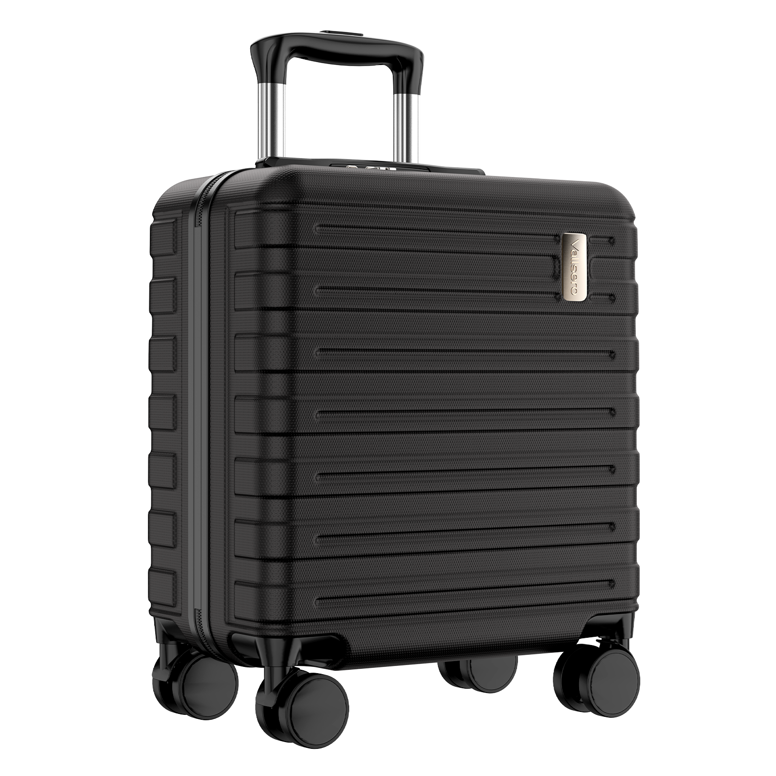 Czarna walizka z kółkami i wysuwanym uchwytem na białym tle.