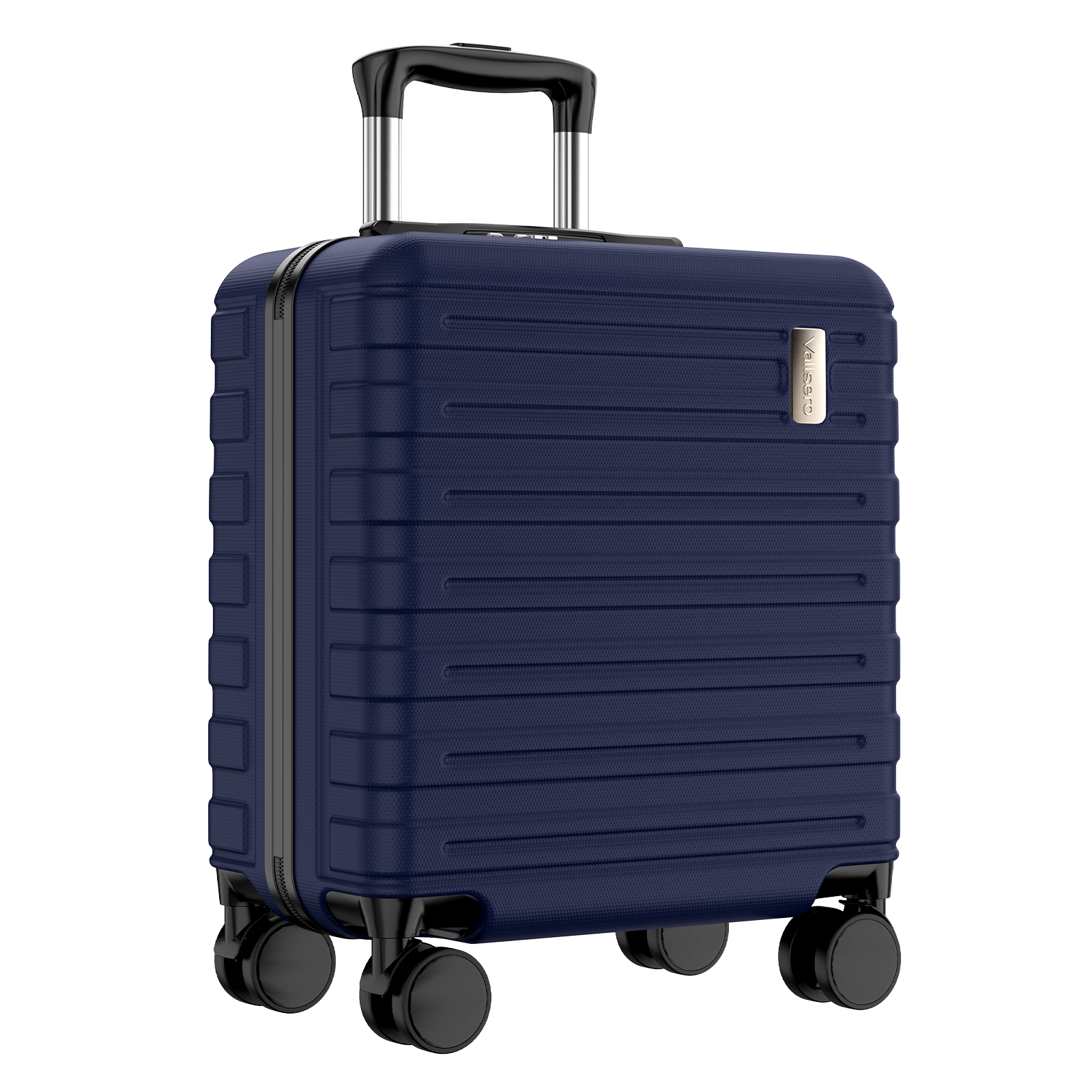 Granatowa walizka z twardą skorupą, wysuwaną rączką i czterema kołami.