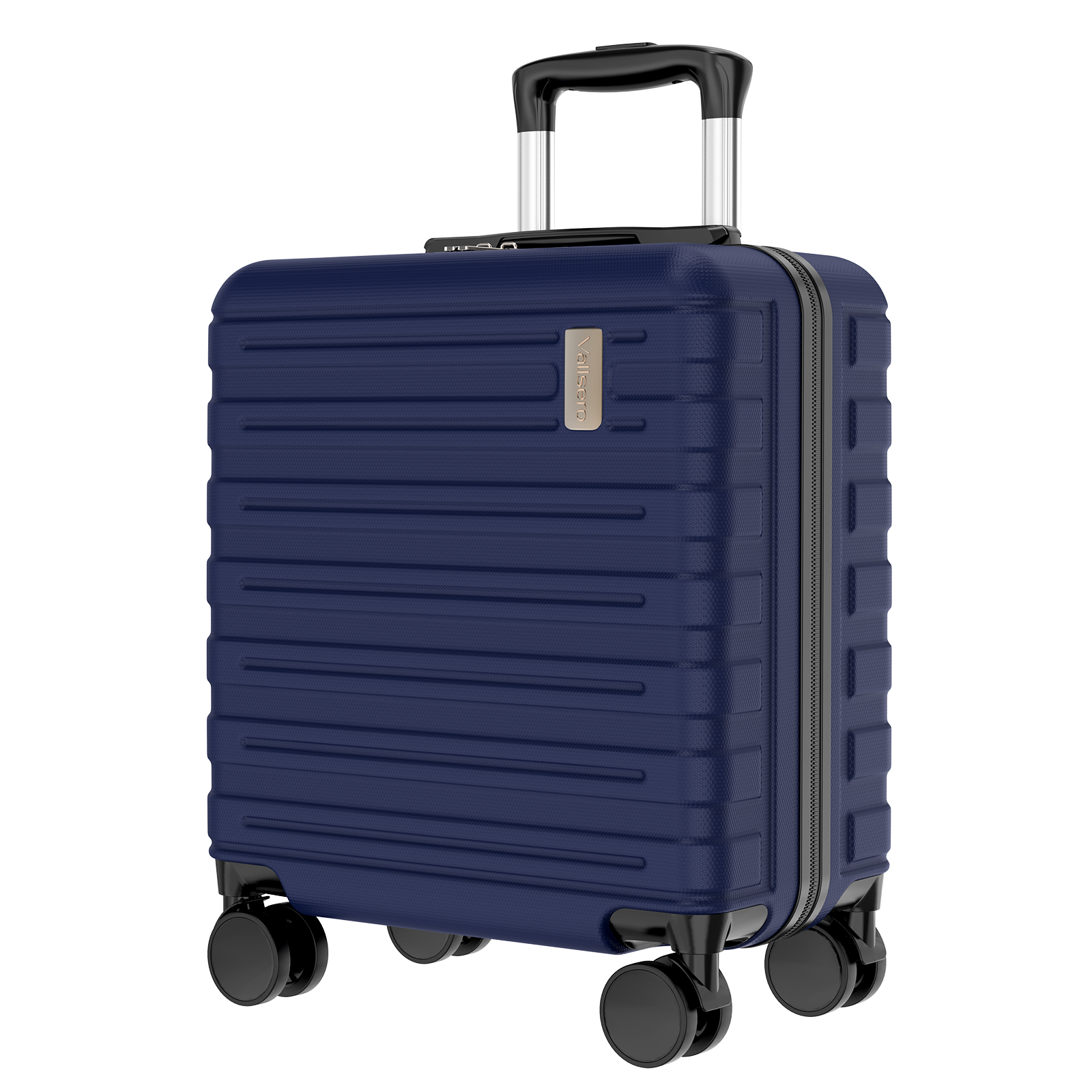 Granatowa walizka z kółkami, wysuwaną rączką i zamkiem TSA.