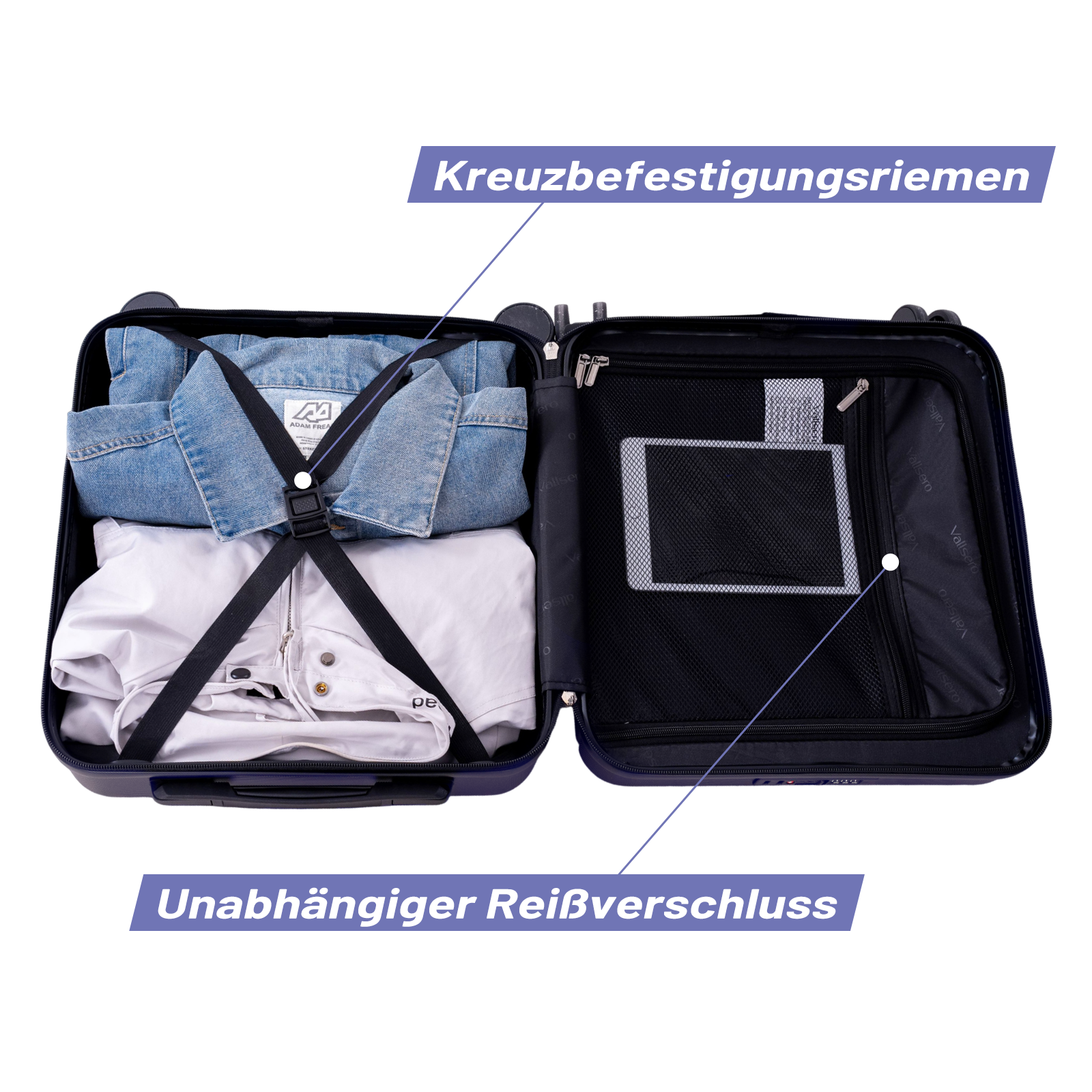 Offener dunkelblauer Koffer mit Kleidung und einem Tablet im Netzfach.