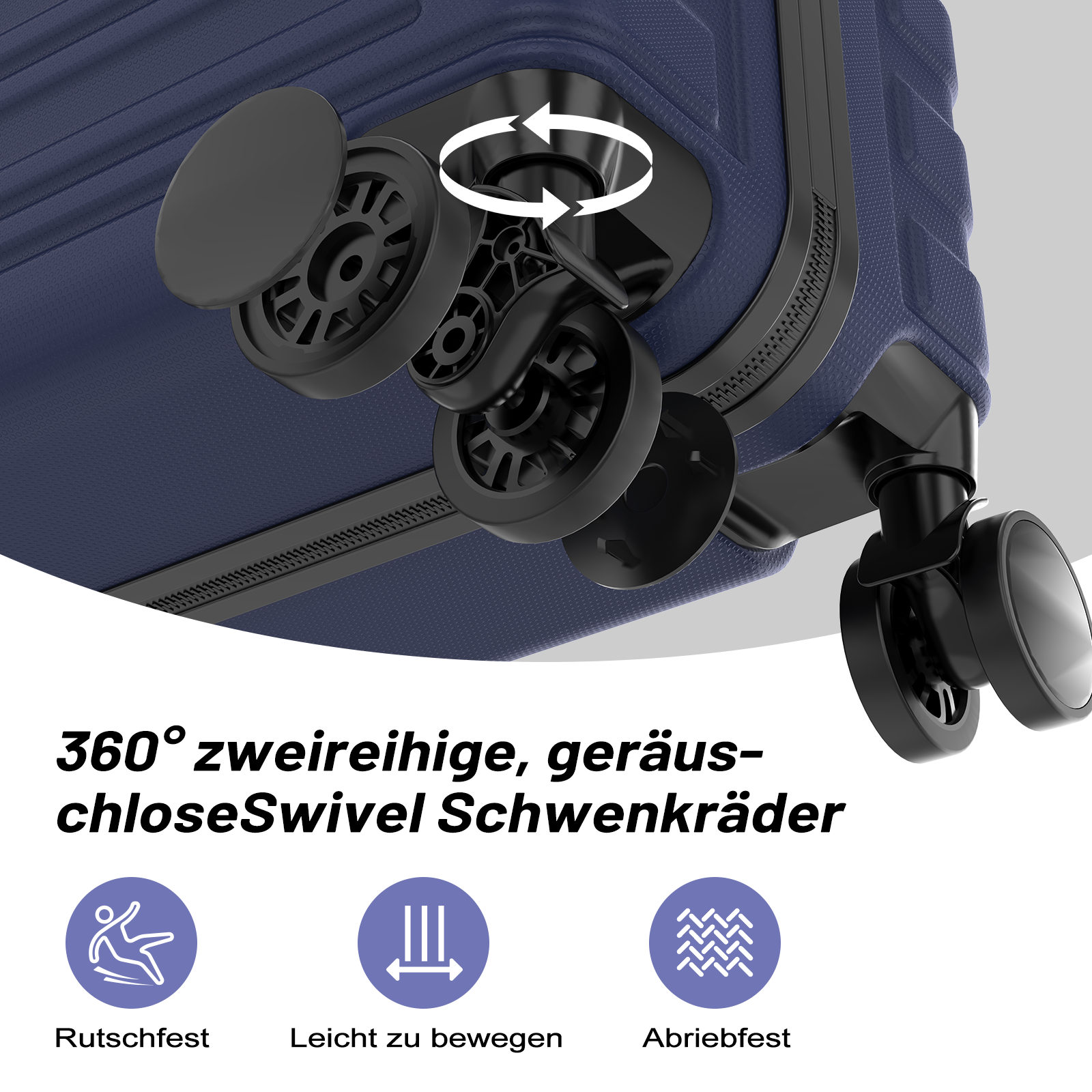 Dunkelblauer Koffer mit 360°-Doppelrollen. Icons für Rutschfestigkeit, leichte Bewegung, Abriebfestigkeit.