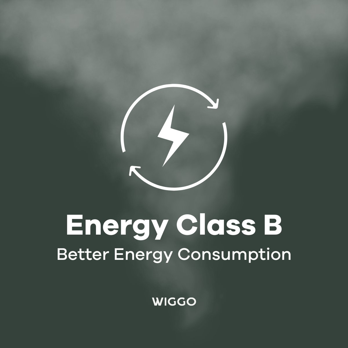 Energy Class B with lightning bolt icon and arrows. Better energy consumption.