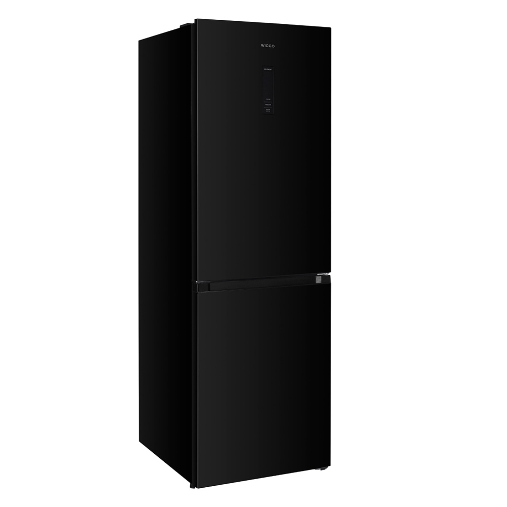 A black, two-door refrigerator is shown against a white background.