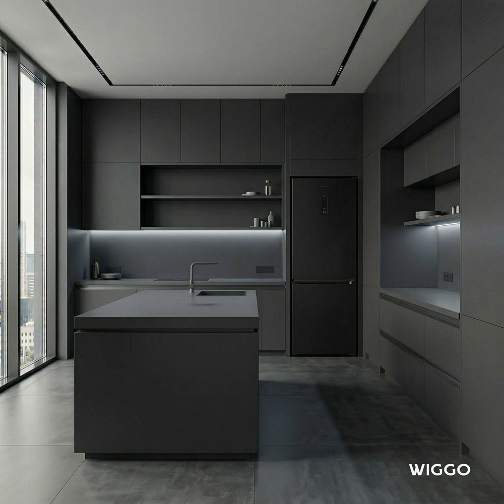 Modern dark kitchen with island, fridge, and large window.