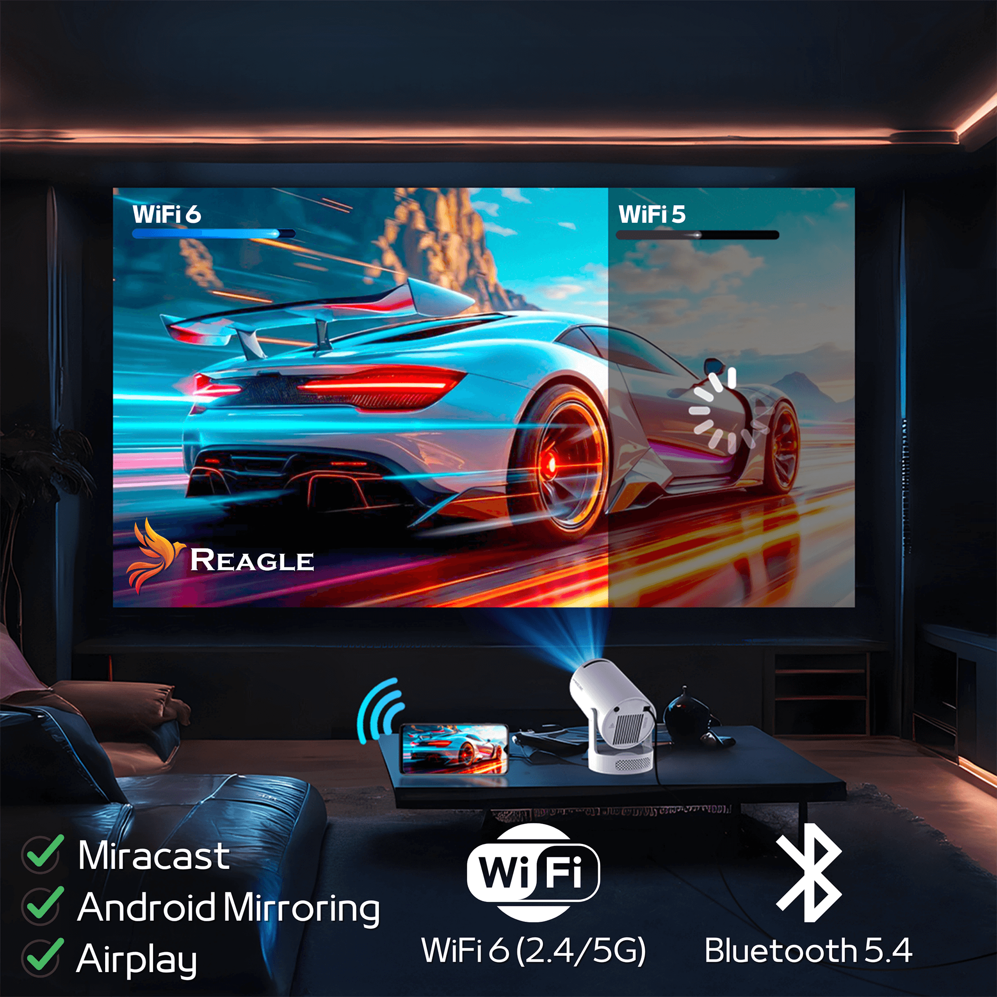 Biały projektor wyświetla obraz samochodu sportowego na dużym ekranie.