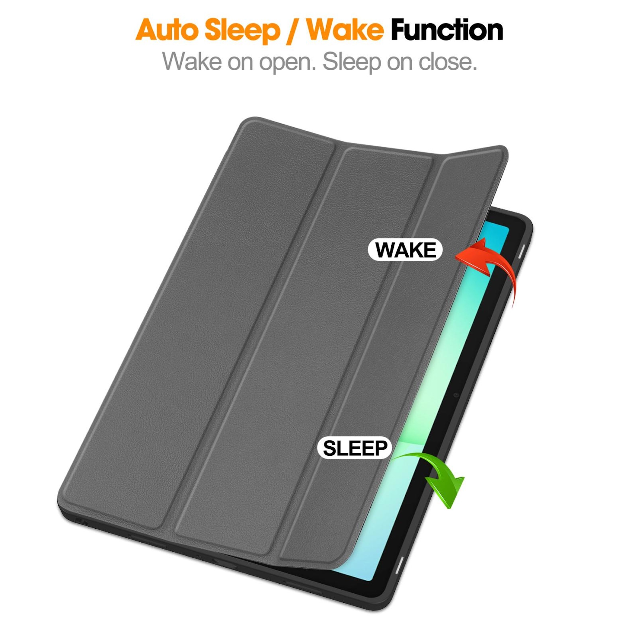 Funda gris para tableta con flechas "Wake" y "Sleep" indicando la función.