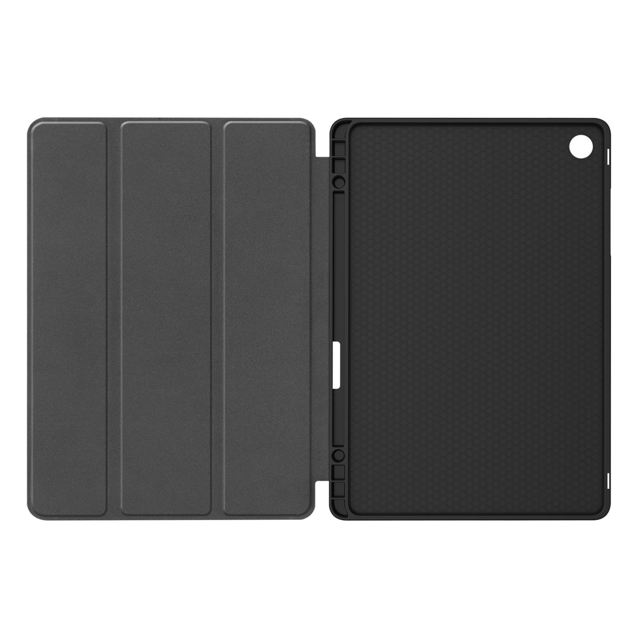 Eine graue Tablet-Hülle mit drei Fächern und einer strukturierten Rückseite.