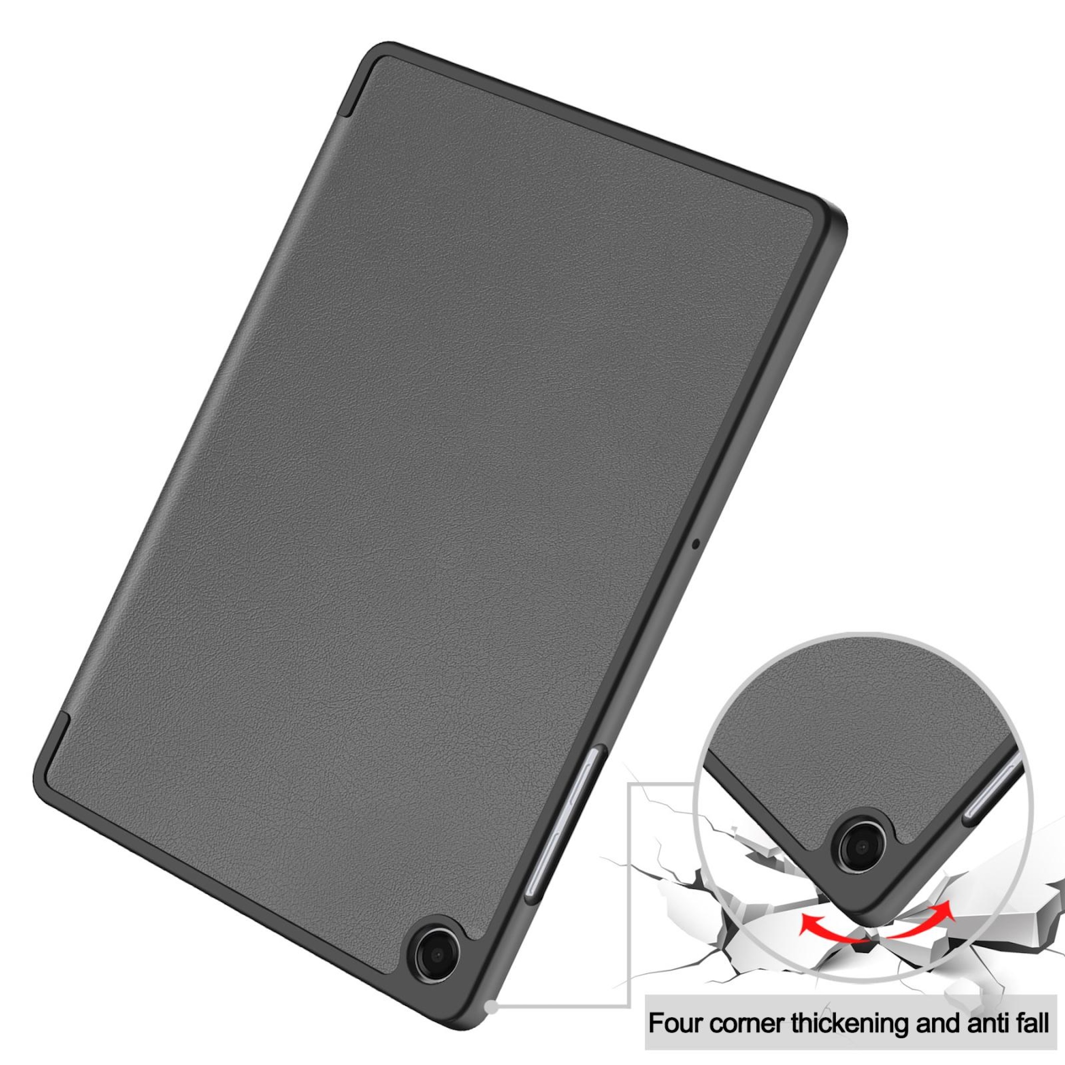 Funda gris para tableta con esquinas reforzadas simulando una caída.