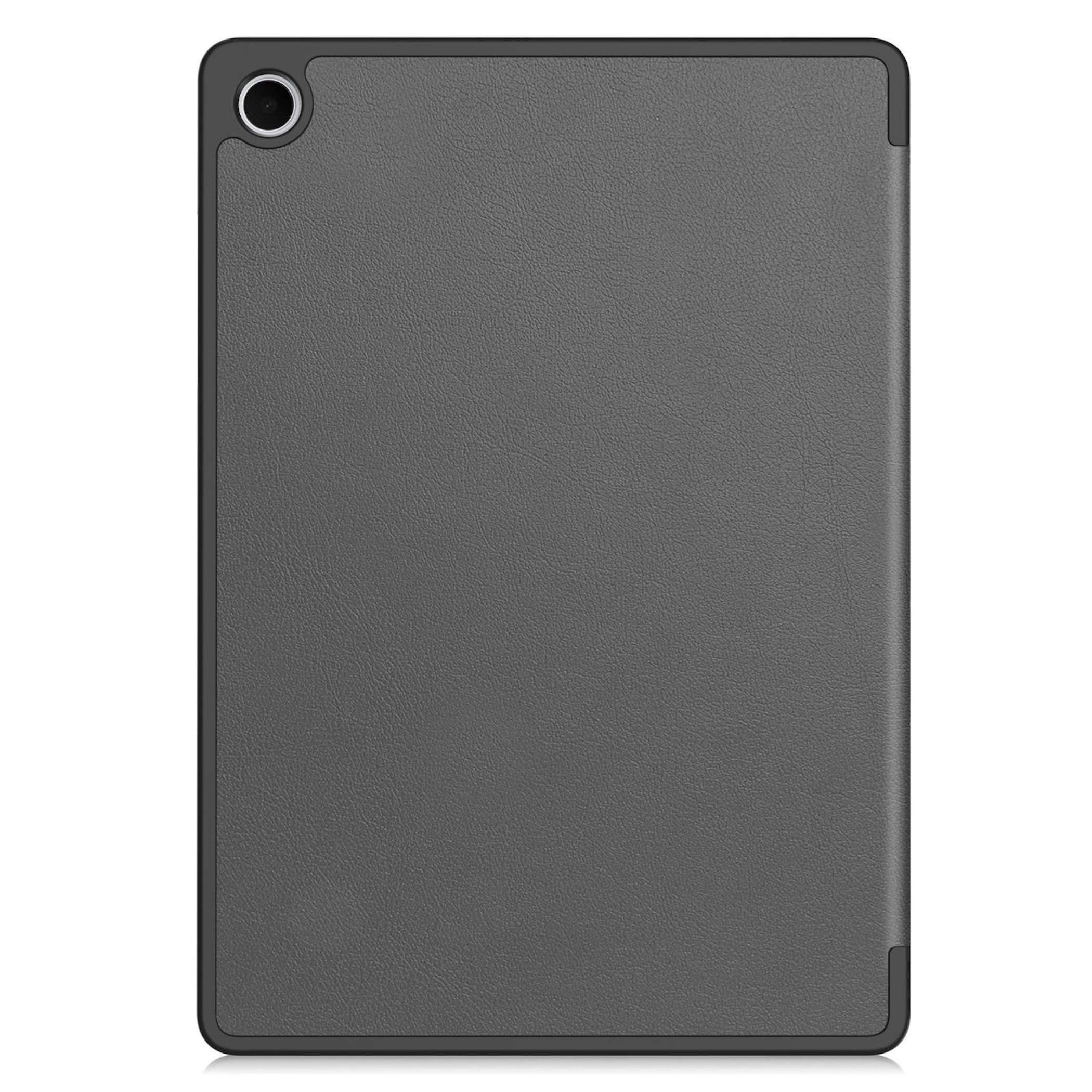 Tableta gris oscuro con funda de cuero texturizado, cámara arriba izquierda.