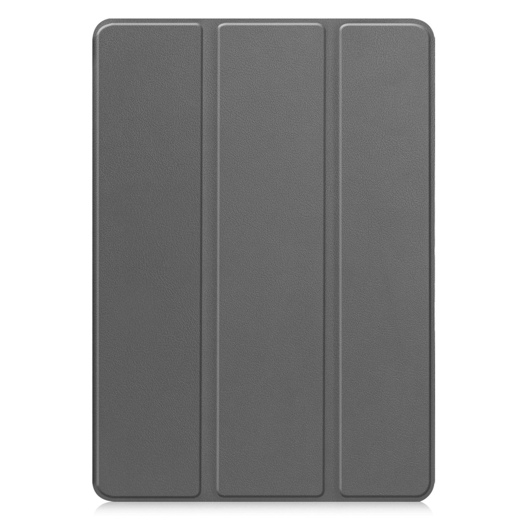 Funda gris para tableta con tres segmentos plegados sobre fondo blanco.