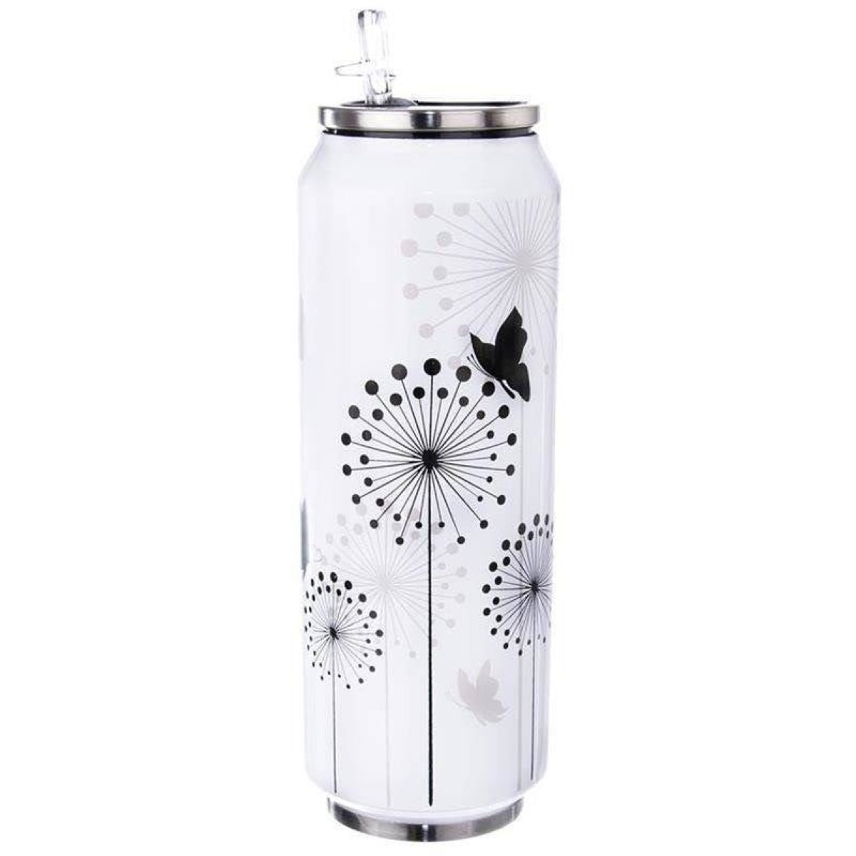 Lata blanca con diseño de diente de león negro y mariposas.