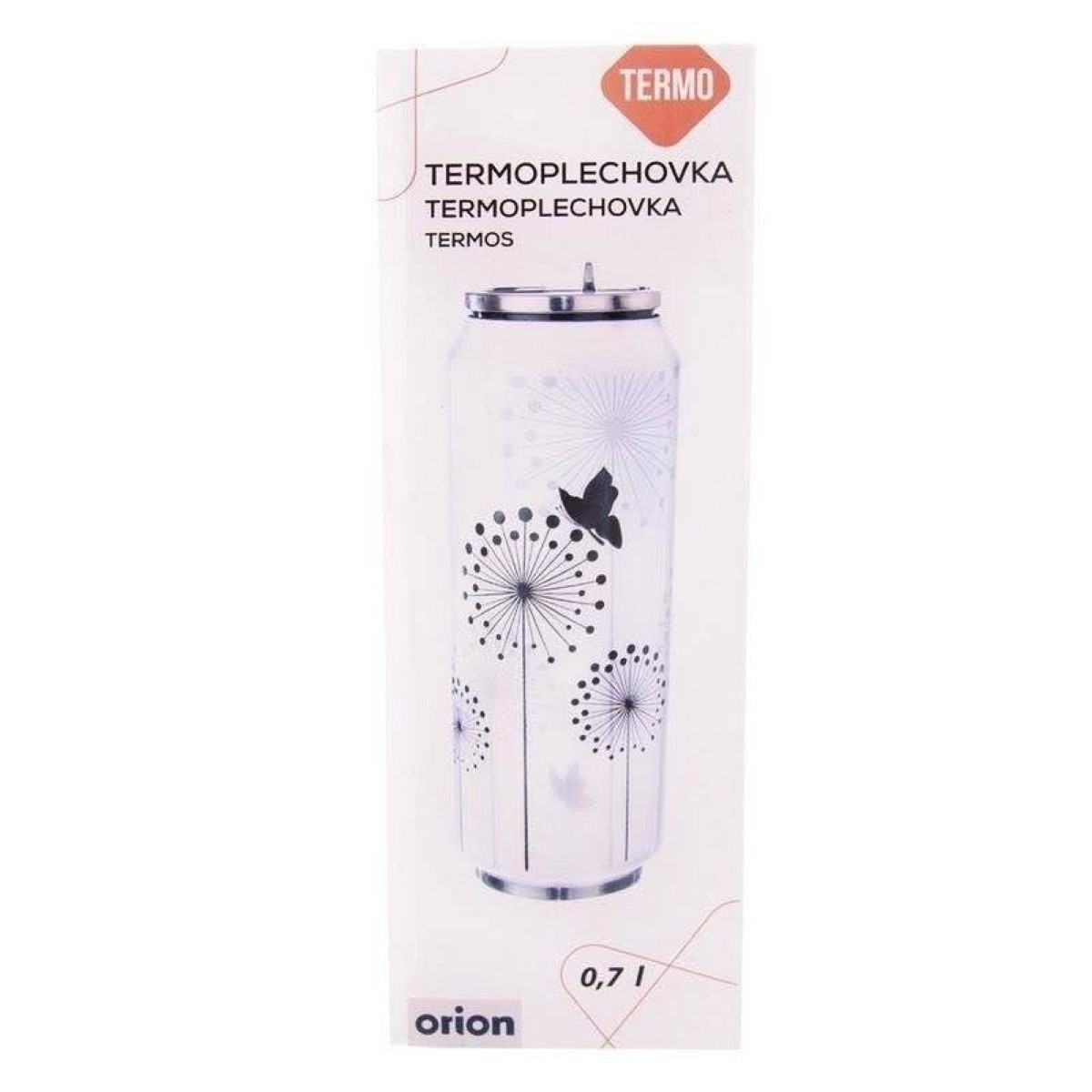 Un termo blanco con patrón de diente de león negro y una mariposa.