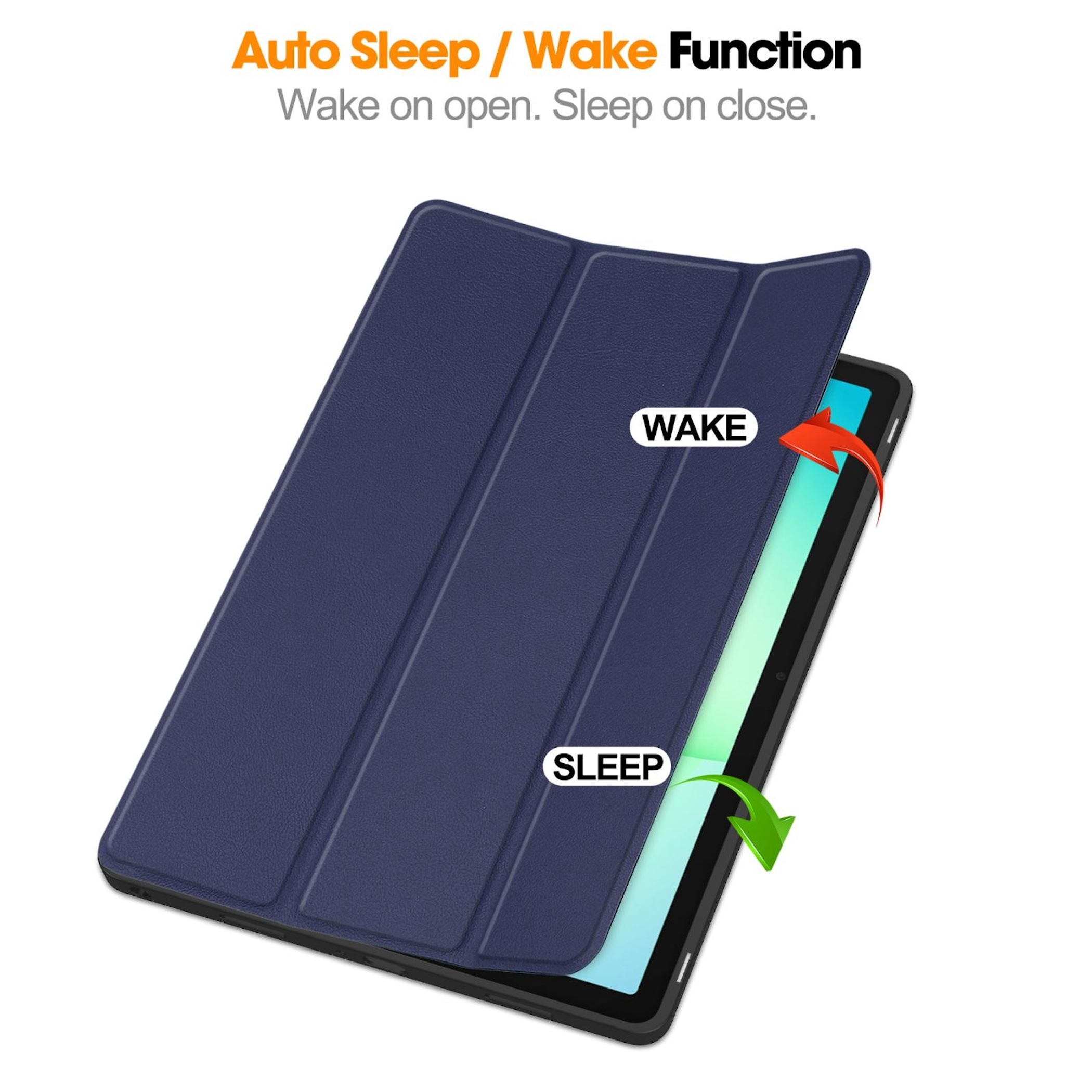 Una tableta azul con funda que muestra la función de dormir/despertar.