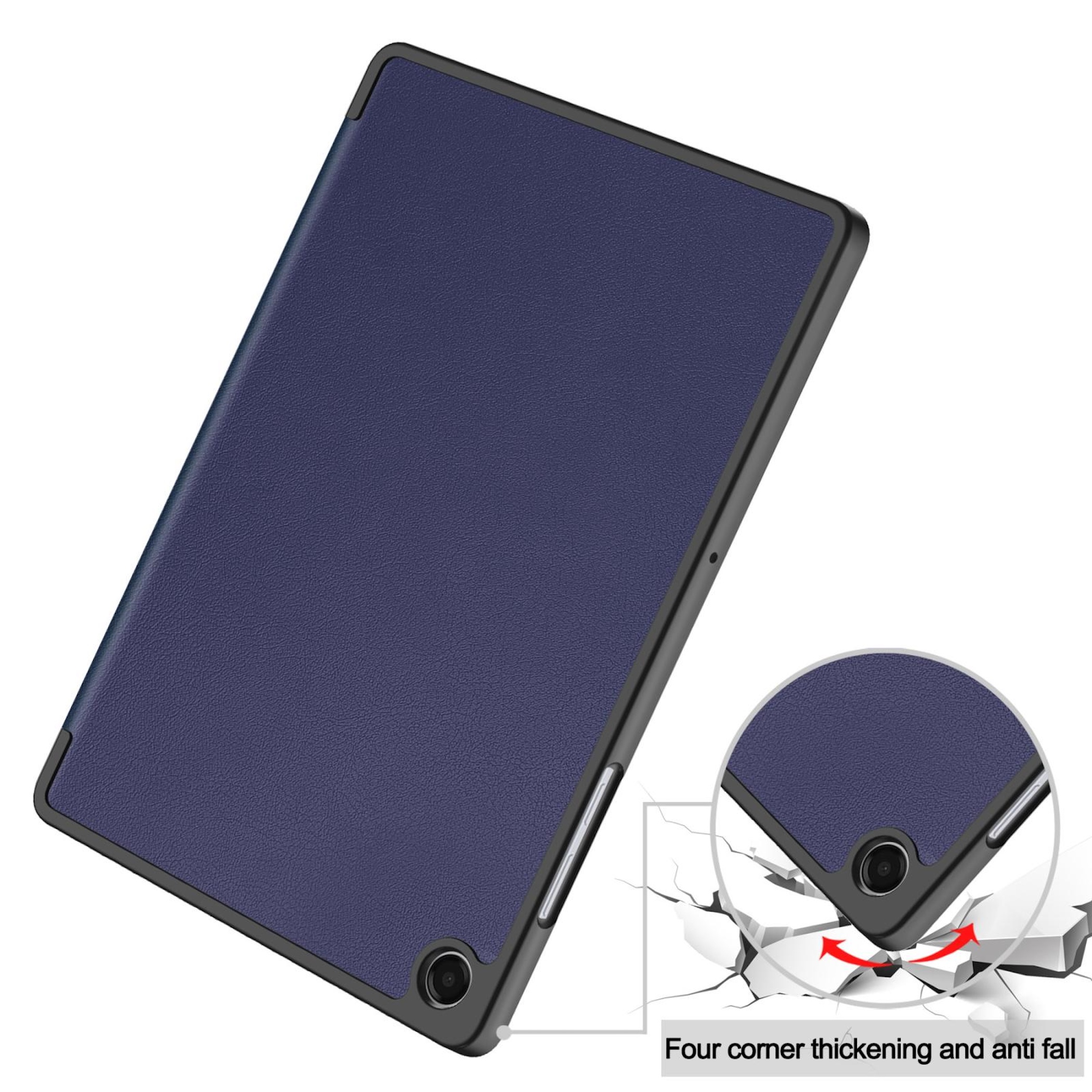 Una tablet azul oscuro con borde negro sobre fondo blanco, esquina reforzada.