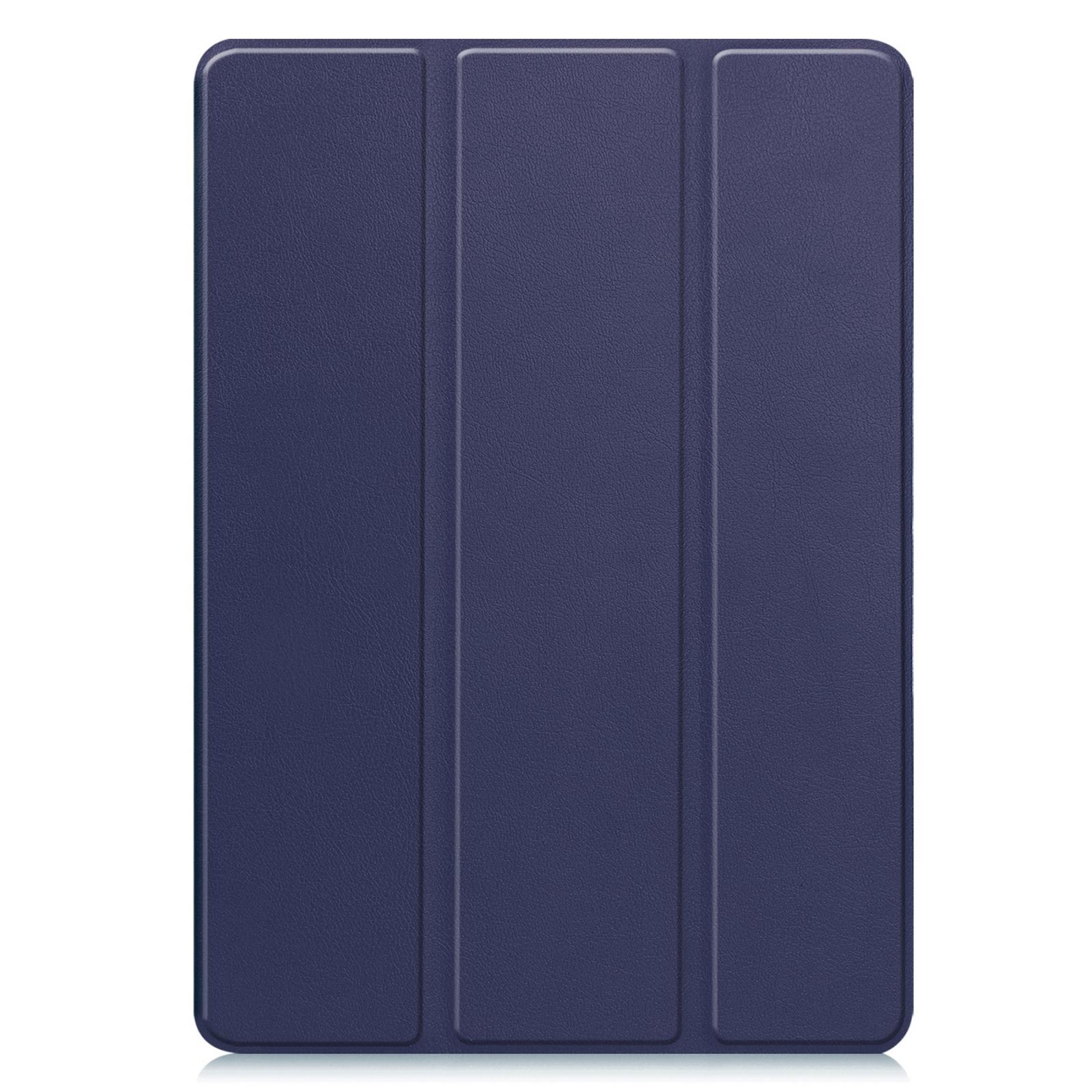 Funda azul oscuro para tableta con tres paneles plegables.