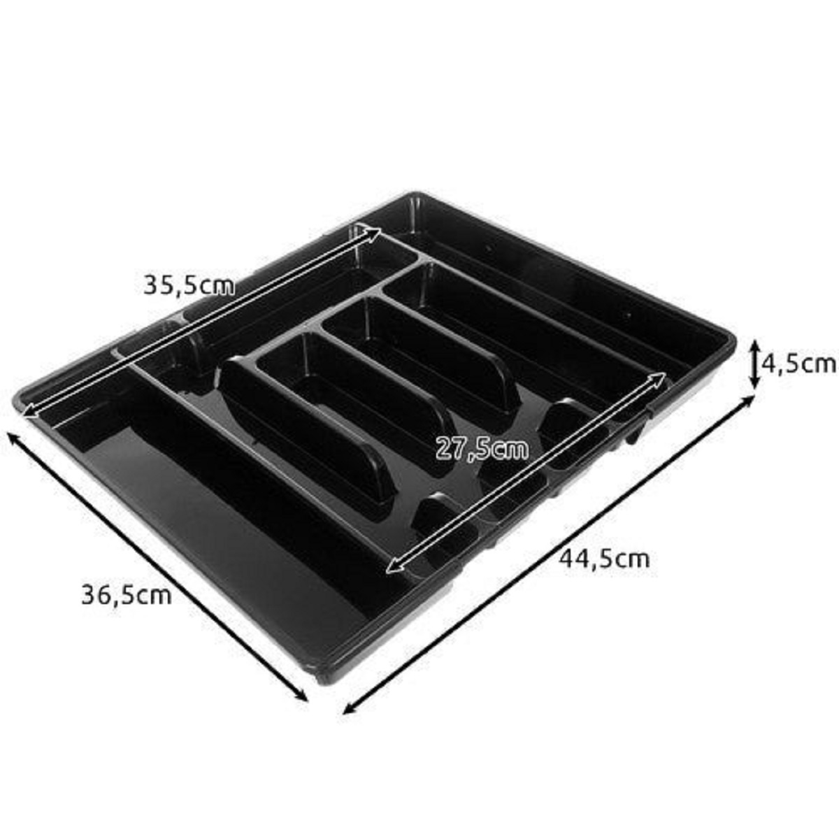 Organizador de cubiertos negro con compartimentos y dimensiones.