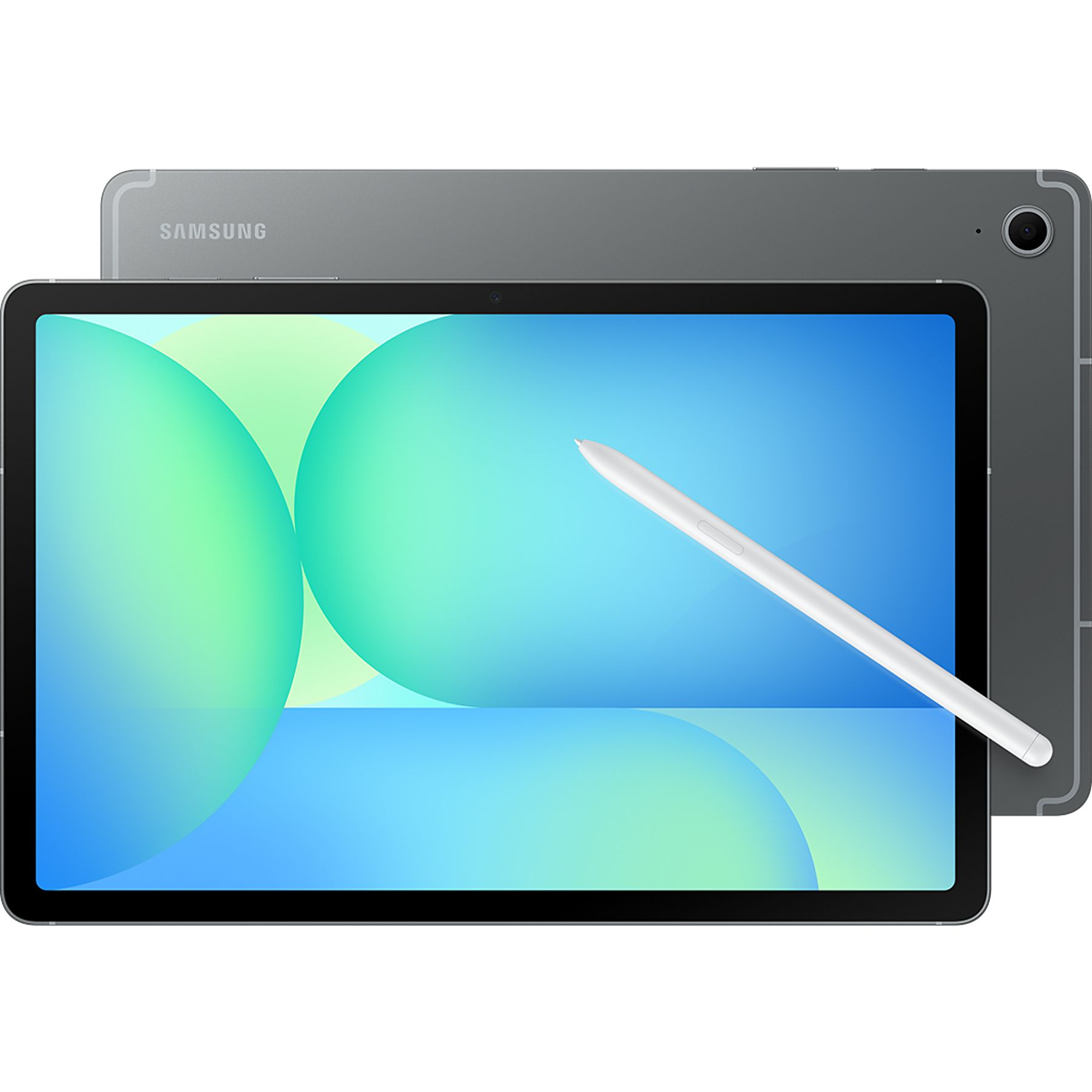Ekranında soyut grafikler bulunan beyaz kalemli gri Samsung tablet.