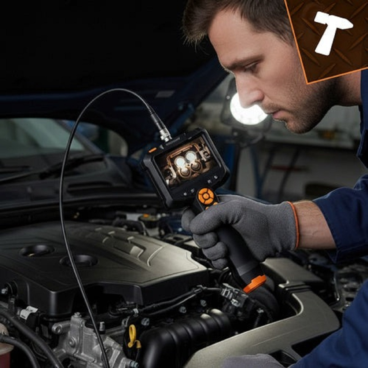 Mecánico inspecciona motor con cámara boroscópica digital mostrando partes internas.