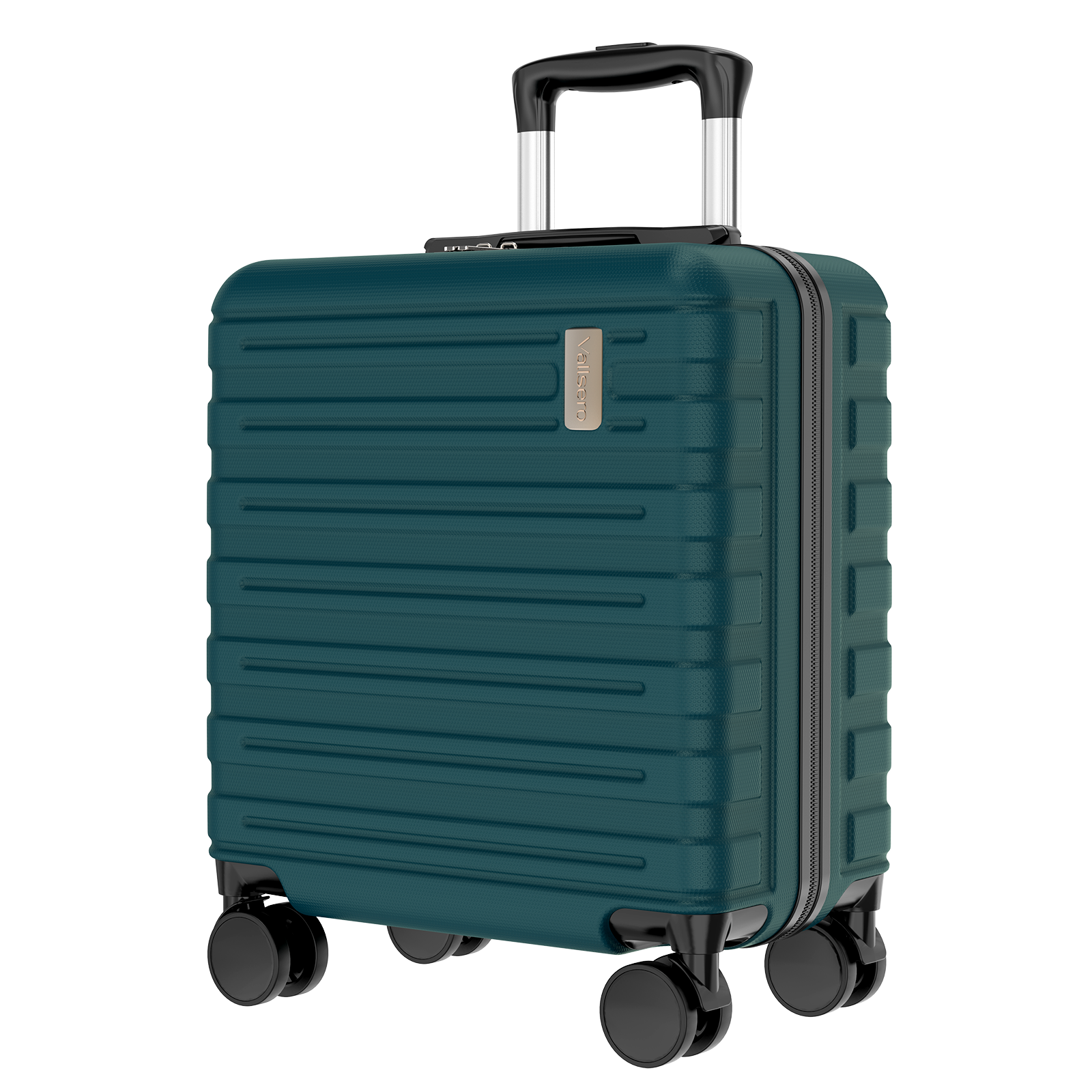 Ciemnozielona walizka z twardą skorupą, wysuwaną rączką i czterema kołami.