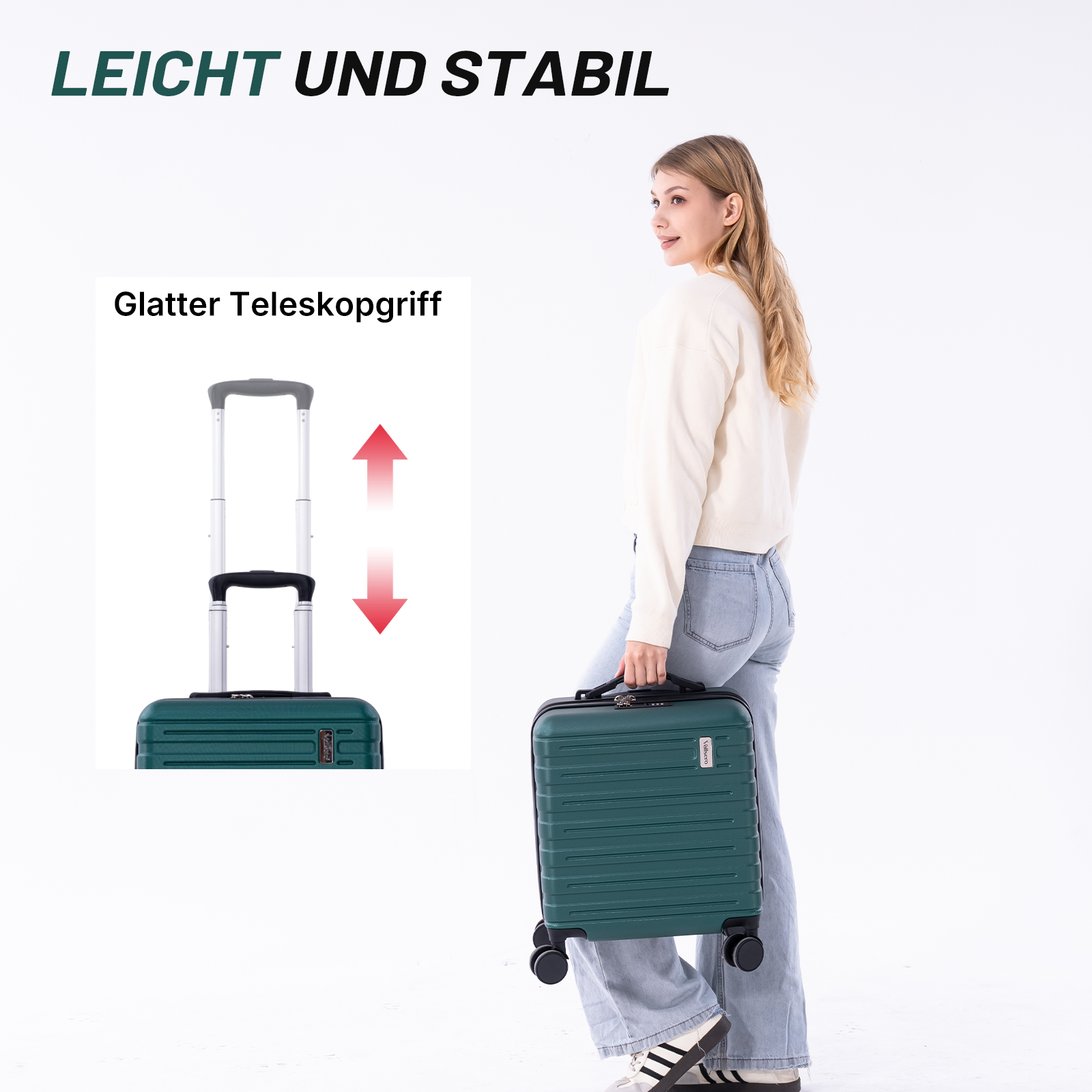Eine Frau hält einen grünen Koffer mit ausziehbarem Griff. Nahaufnahme des Griffs.